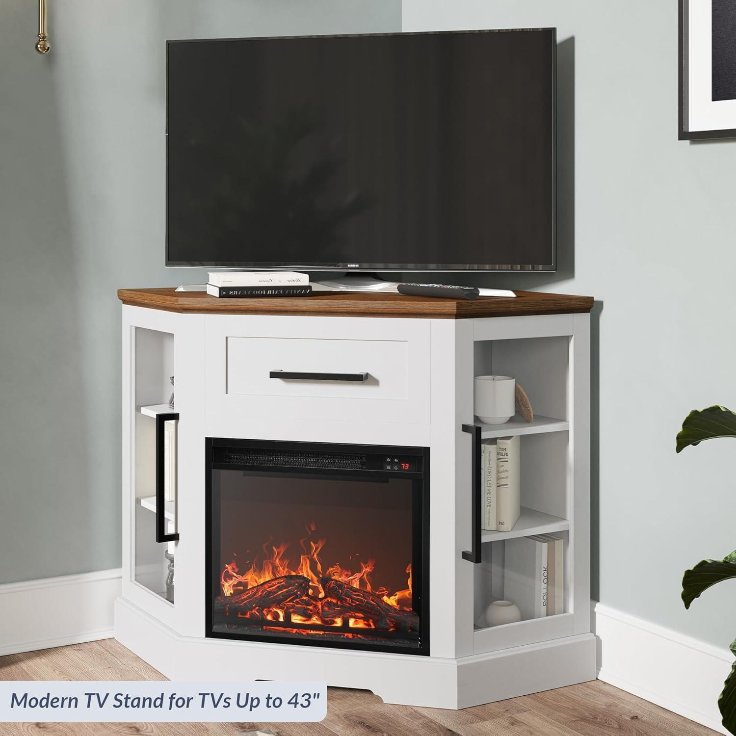 BELLEZE 43 Inch TV Stand with 18 Inch Electric Fireplace, Fireplace TV Stand for TVs up to 43 Inches, Modern Corner Wood Entertainment Center with Storage - Dale (White)