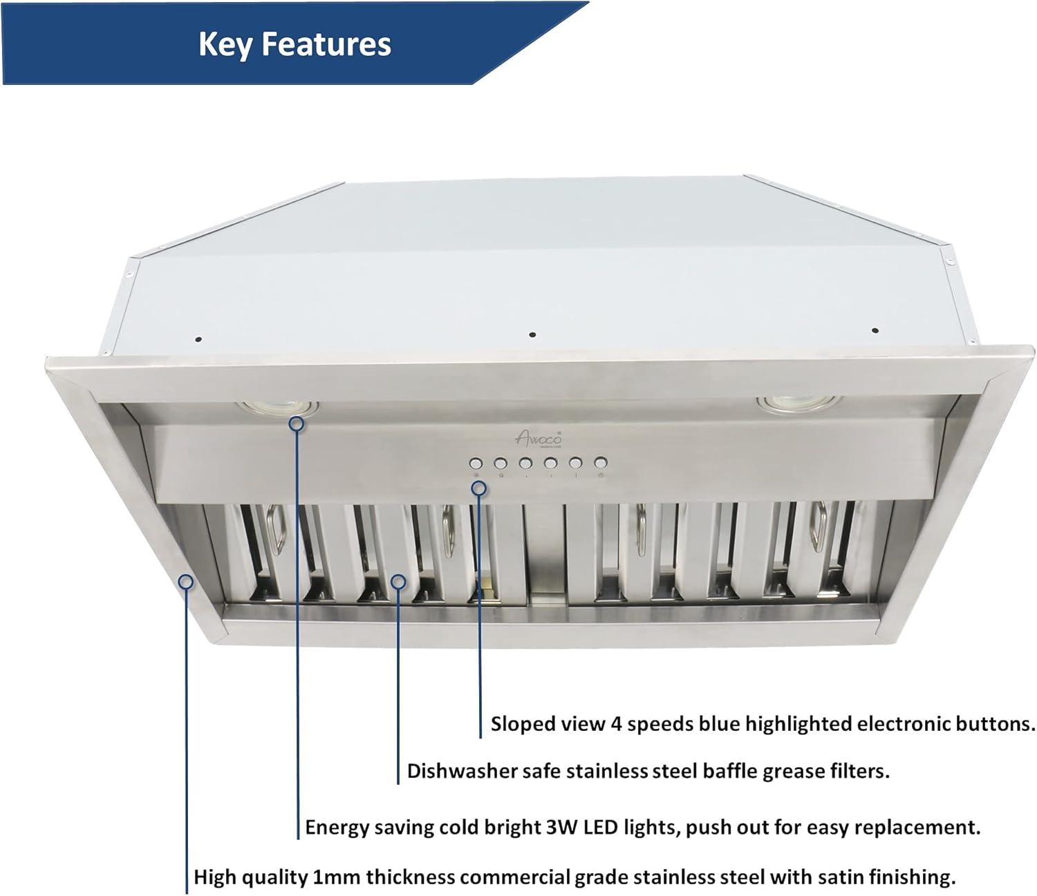 Awoco RH-BQ-X36 Awoco RH-BQ-X36 36'W 18-1/2'D Built-in Insert 4 Speeds Stainless Steel Range Hood for Wood Hood