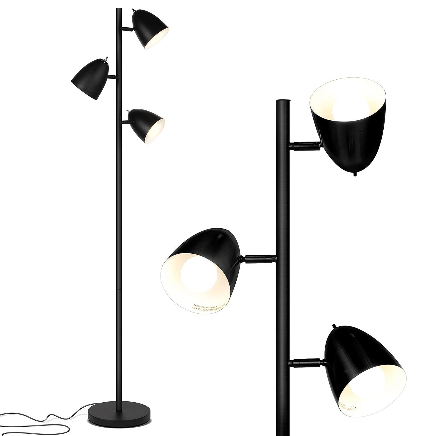 Brightech Jacob 64" Modern 3-Light Adjustable LED Floor Lamp with Black Finish and Metal Cone Shades, Bulbs Included
