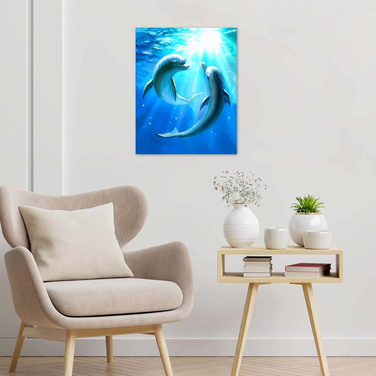 HVEST Dolphin Canvas Wall Art Cute Dolphins Playing Under Sea with Sunshine Picture Printing Artwork for Living Room Bedroom Bathroom Wall Decor,Stretched and Framed Ready to Hang,12x16 Inches