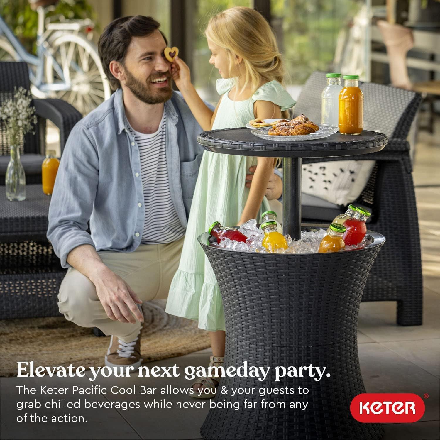 Keter Pacific 7.5 Gallon Cool Bar 2 in 1 Weather Resistant Side Table and Bar Durable Resin Outdoor Patio Beverage Cooler Table, Rattan Look Dark Grey