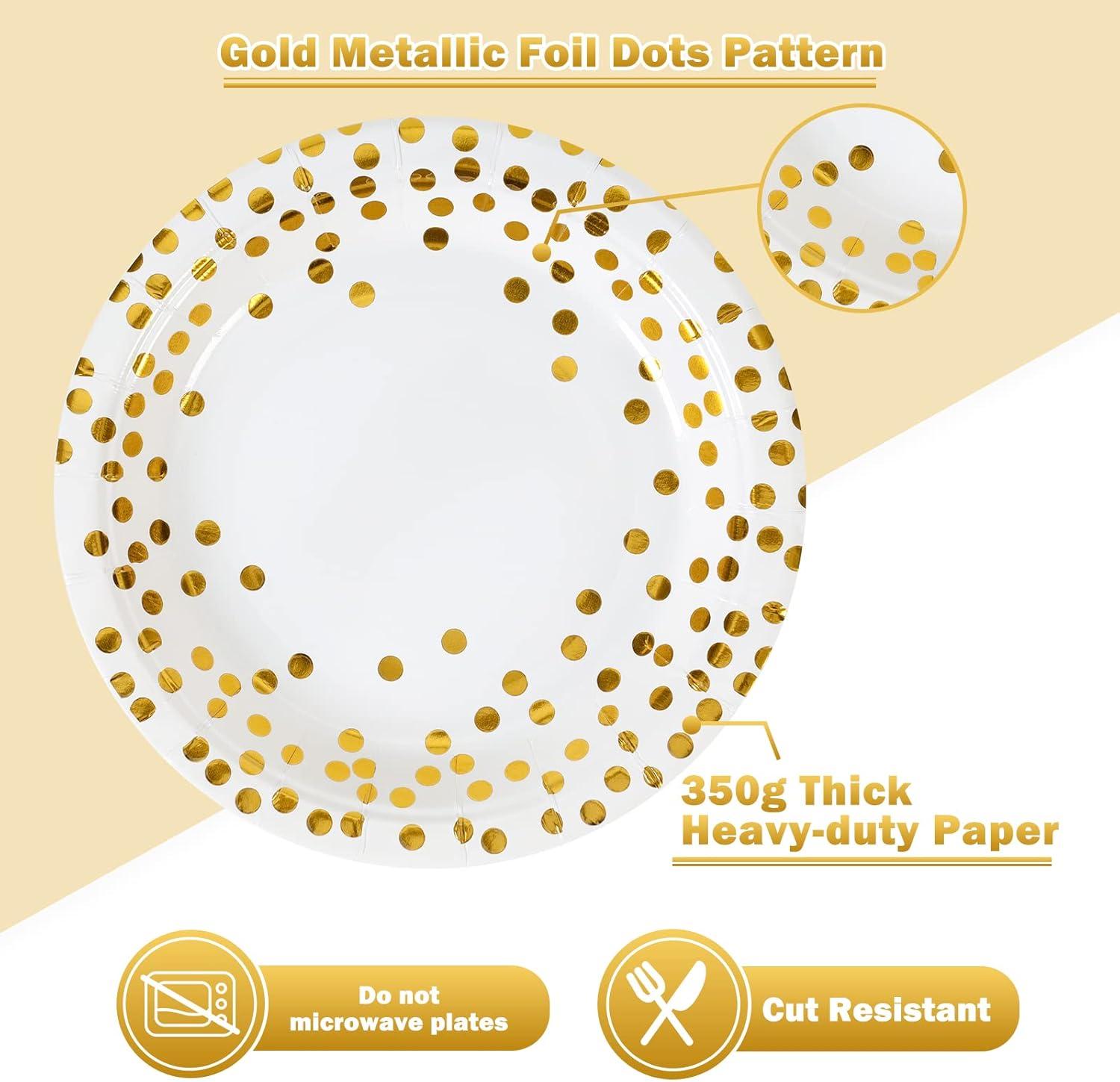 Disposable Paper Plates 100 Pack - White and Gold Paper Plates 50 x 7" & Gold Dot Napkins 50 x 6.5",Plate and Napkins Party Supplies for Weddings, Birthdays,All Occasions