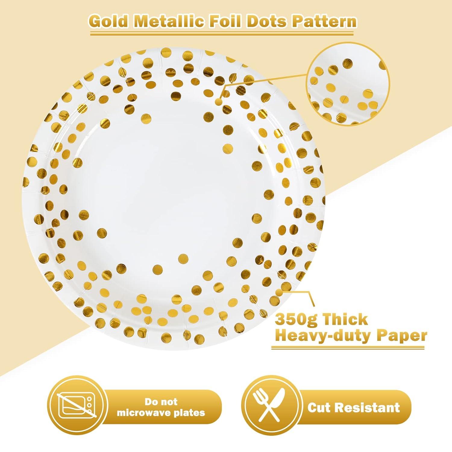 Disposable Paper Plates 100 Pack - White and Gold Paper Plates 50 x 7" & Gold Dot Napkins 50 x 6.5",Plate and Napkins Party Supplies for Weddings, Birthdays,All Occasions