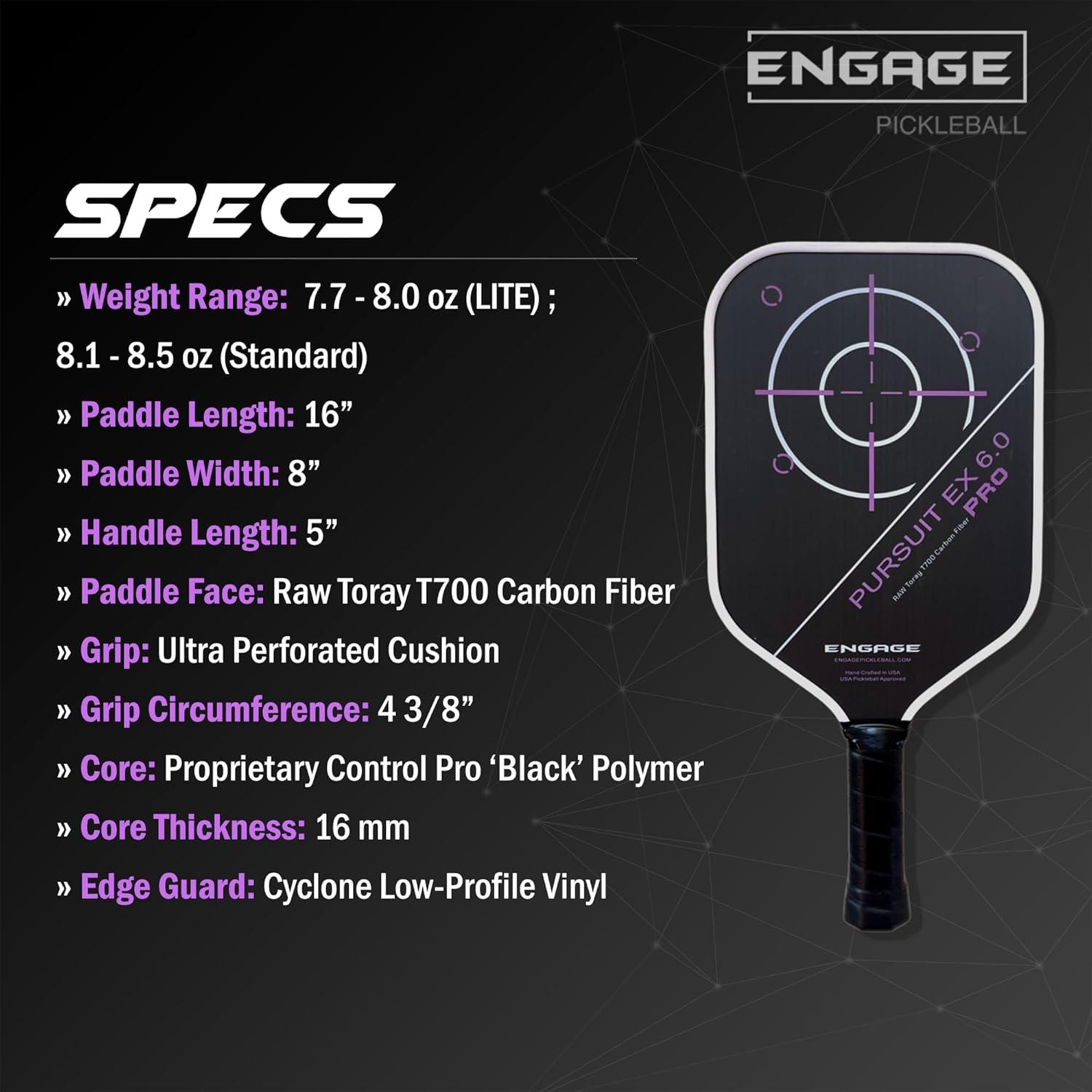 Engage Pursuit Pro EX 6.0 Pickleball Paddle – Widebody Shape, Raw T700 Toray Carbon Fiber Face, 16mm Control Pro Core, (Deep Magenta, LITE)