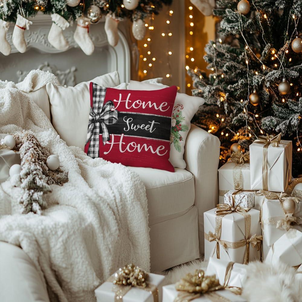 BEAUTY Merry Christmas Throw Pillow Covers 18 x 18 Inch Set of 4  Red Barn Merry & Bright Xmas Farmhouse Holiday Pillowcases for Home Outdoor Decoration CP053-18