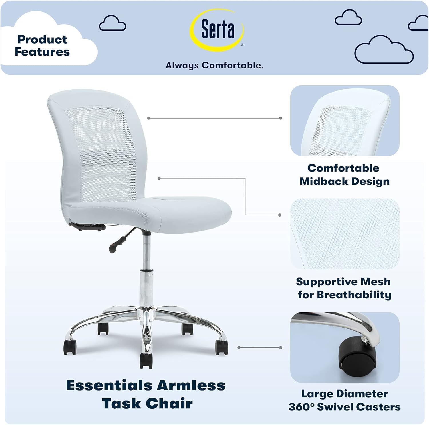Essentials Computer Chair Blue Sky - Serta: Armless, Adjustable, Faux Leather & Mesh Task Chair