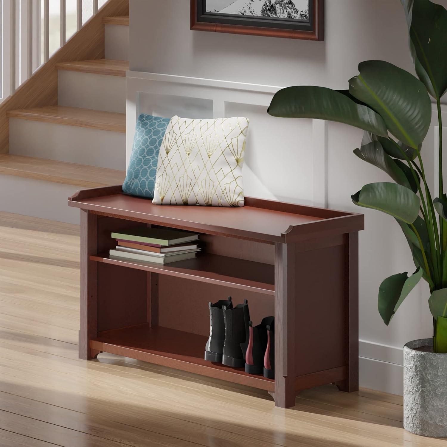 Benches Winsome Walnut: Upholstered Dining Bench, Entryway Shoe Storage with Adjustable Shelf