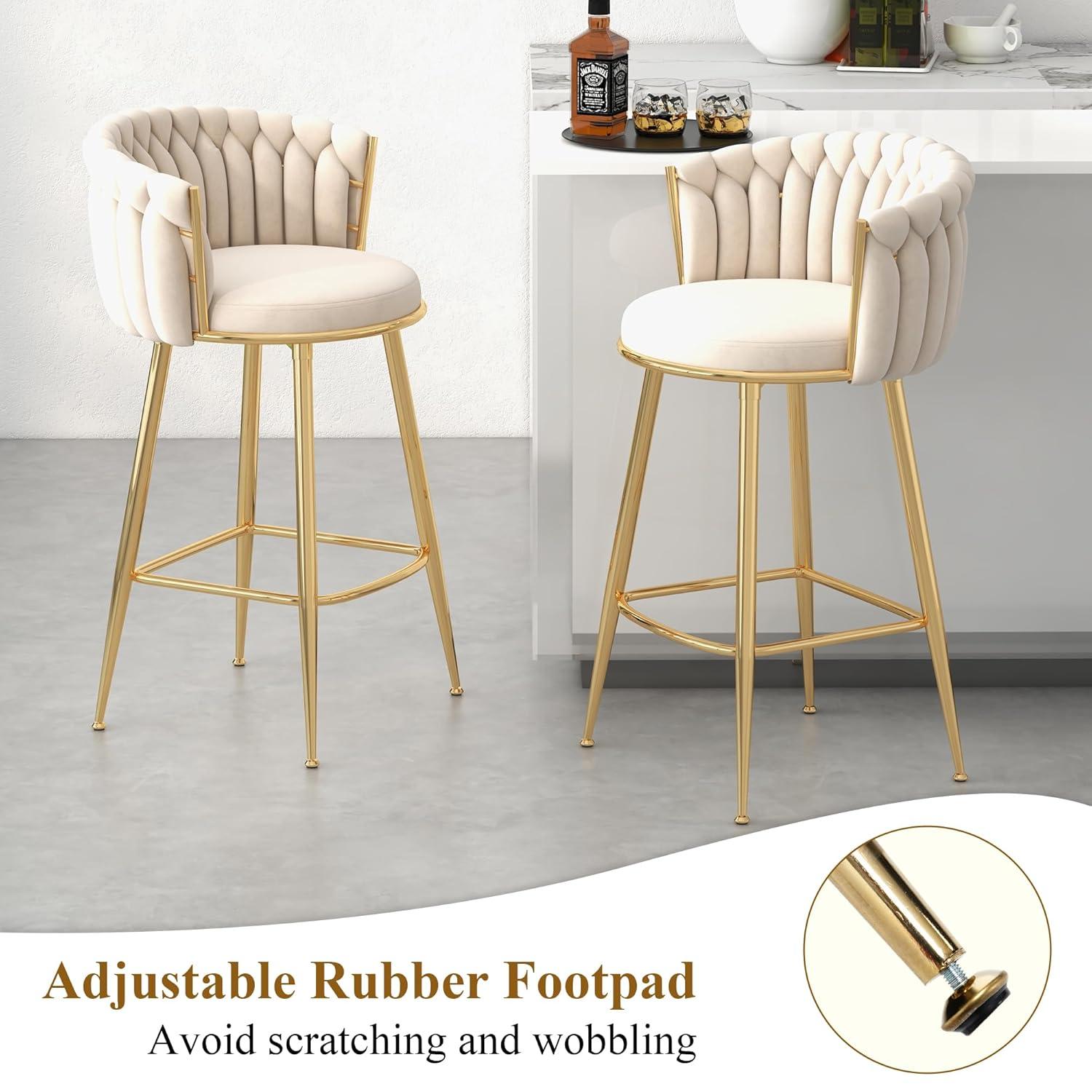 Counter Height Stools Set of 2, Velvet Bar Stools with 27 Inches Upholstered Seat Height, Handmade Woven Back Armrest, Sturdy Golden Metal Legs for Home Dining Pub Kitchen Island, Beige