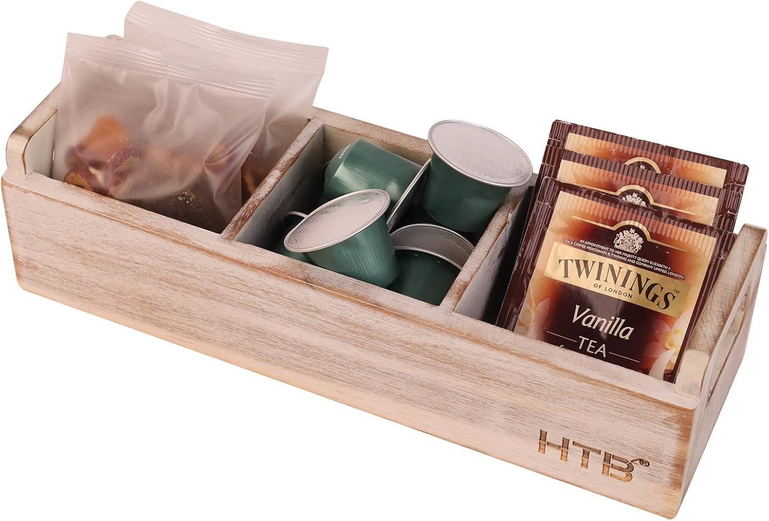 HTB Small Tea Bag Holder Pack of 2, Bamboo Tea Organizer 3 Compartments for Beverage Suppliers, Sweeteners, Individual Packets, Portable Tea Bag Organizer for Home Kitchen Counter or Office