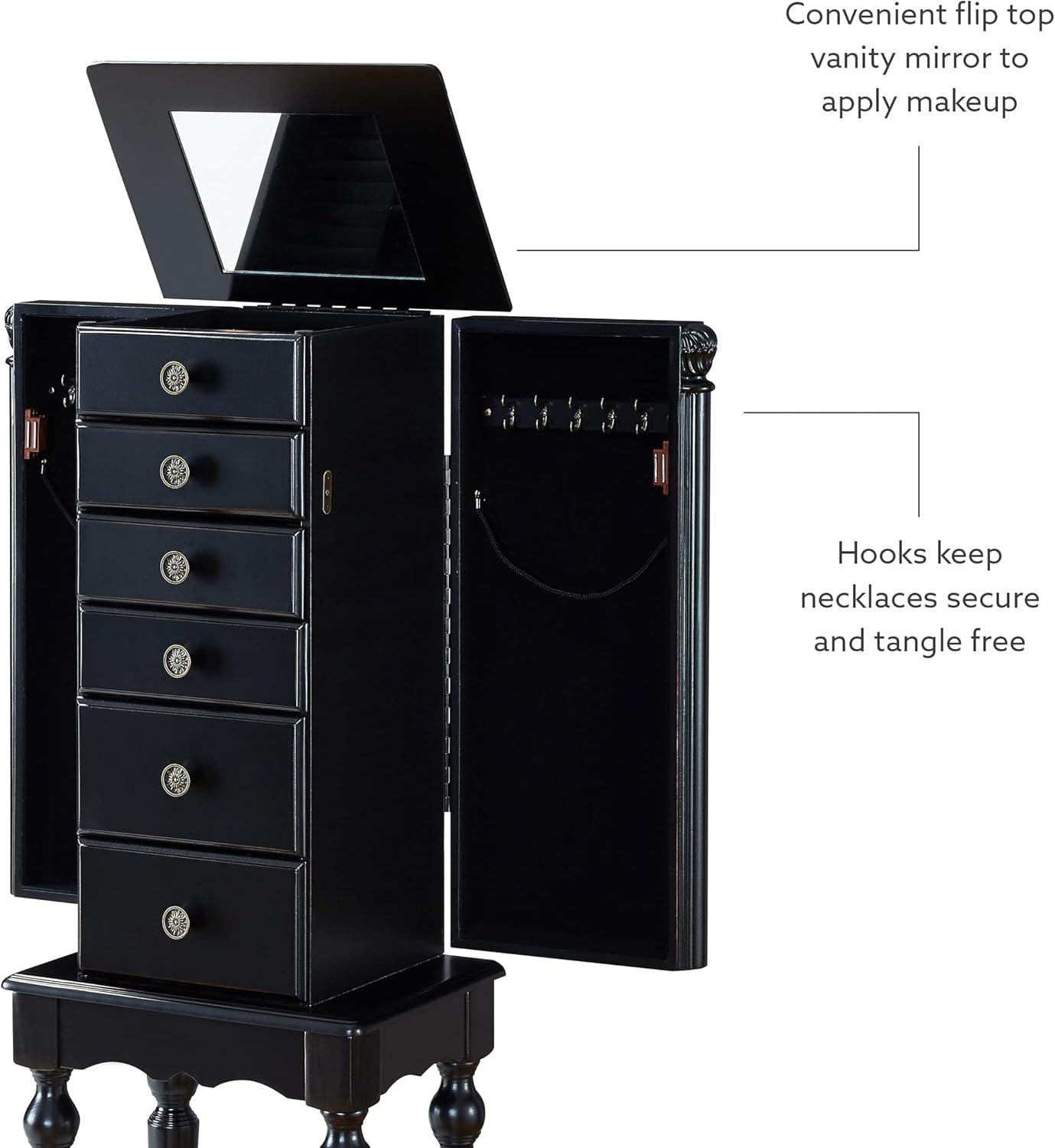 Petite Ebony Black Jewelry Armoire with Mirror and Plush Lining