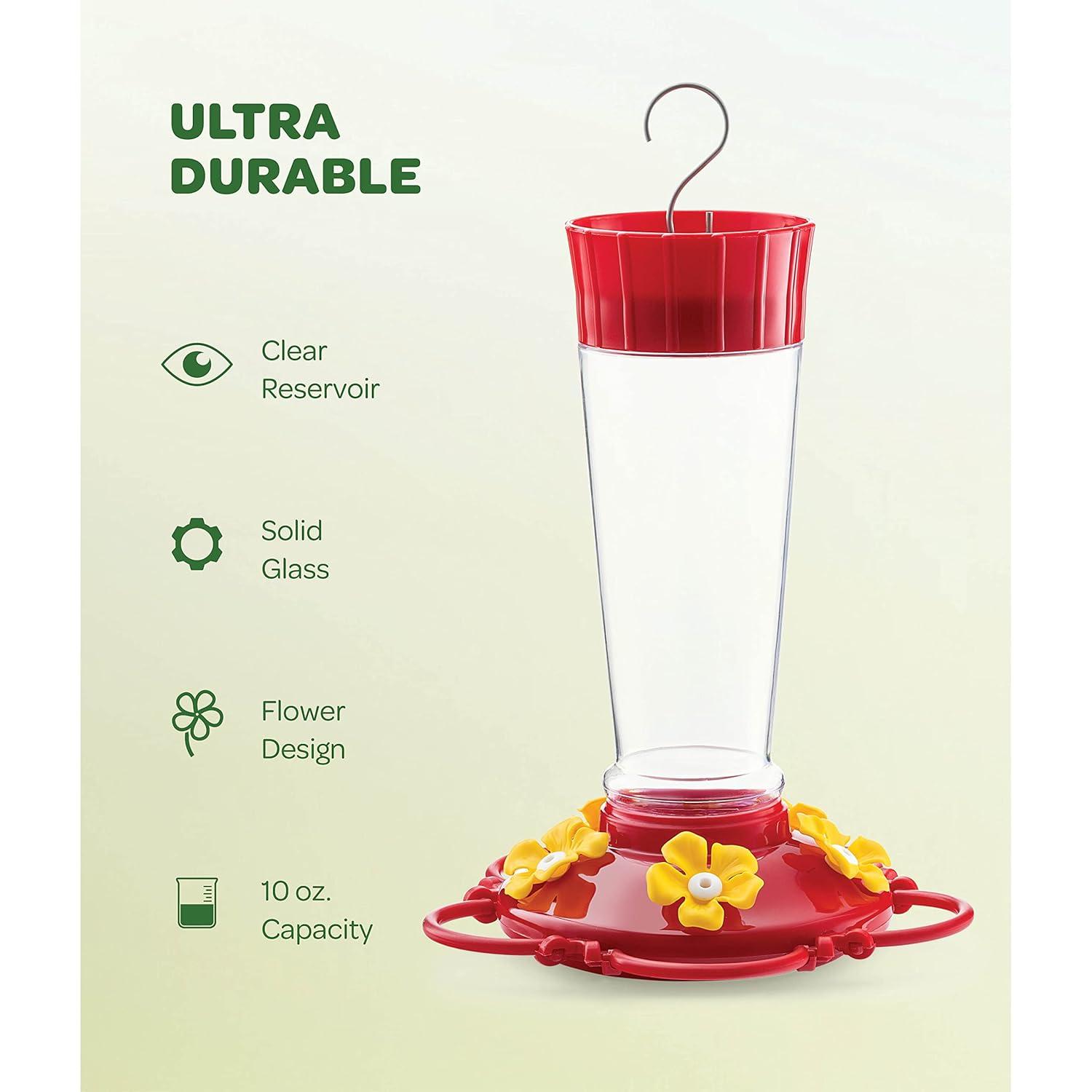 Hummingbird Feeder 10 oz Plastic Hummingbird Feeders for Outdoors, with Built-in Ant Guard - Circular Perch with 5 Feeding Ports - Wide Mouth for Easy Filling/2 Part Base for Easy Cleaning