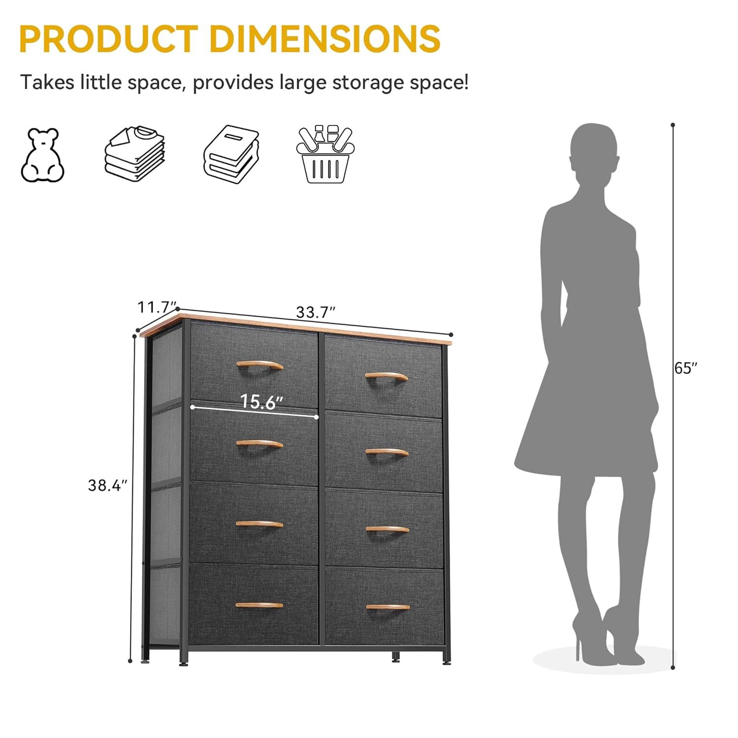 8-Drawer Fabric Dresser with Sturdy Steel Frame and Wooden Top, Tall Double Dresser for Bedroom, Closet, or Living Room, Easy-Pull Handles for Convenient Storage