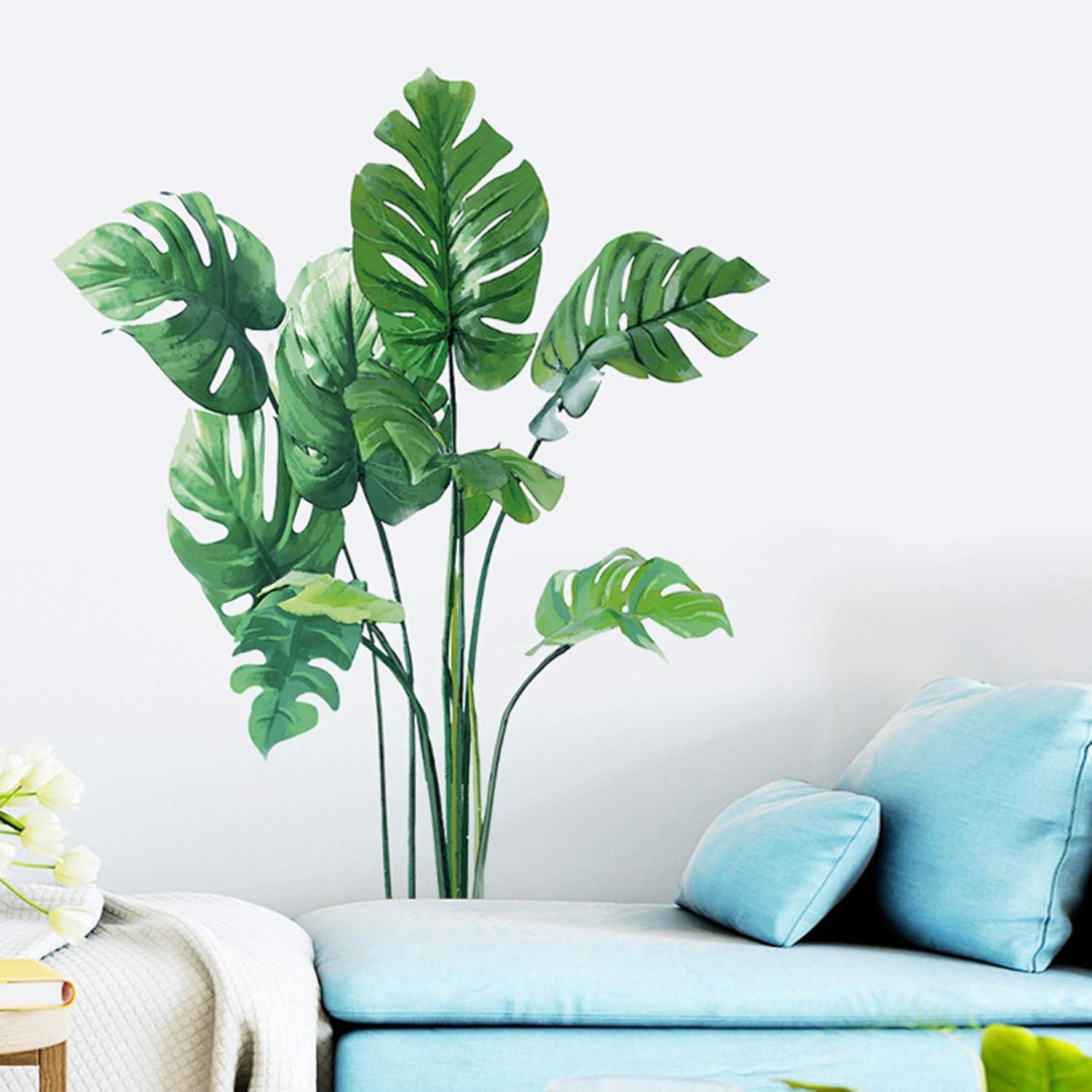 Leaf Wall Decals Leaf Tropical Plants Wall Stickers for Living Room, Palm Leaf Wall Posters Natural Green Plants Art Murals Vinyl Wallpaper for Bedroom Nursery Office