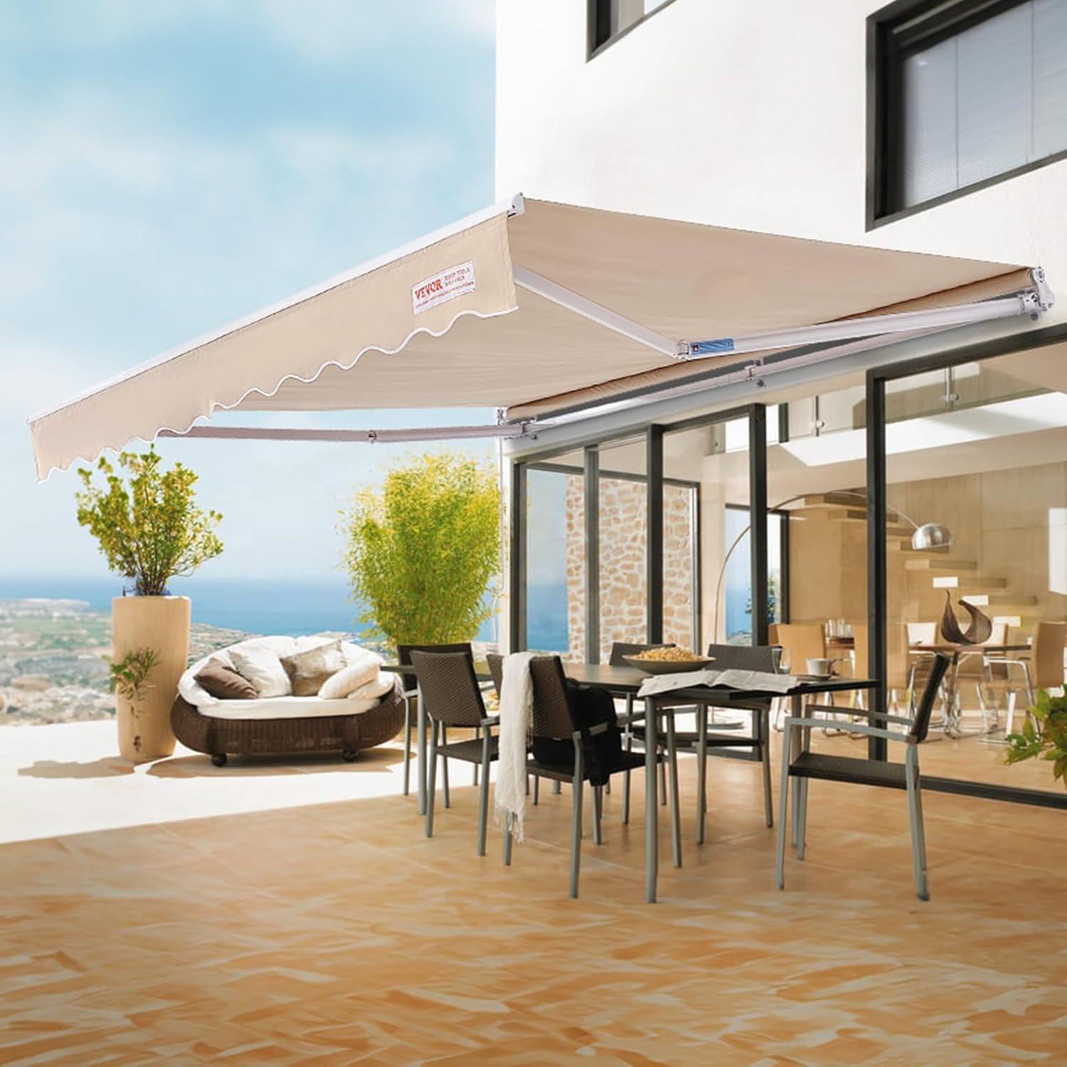 10 x 8 ft Beige Polyester Manual Retractable Patio Awning