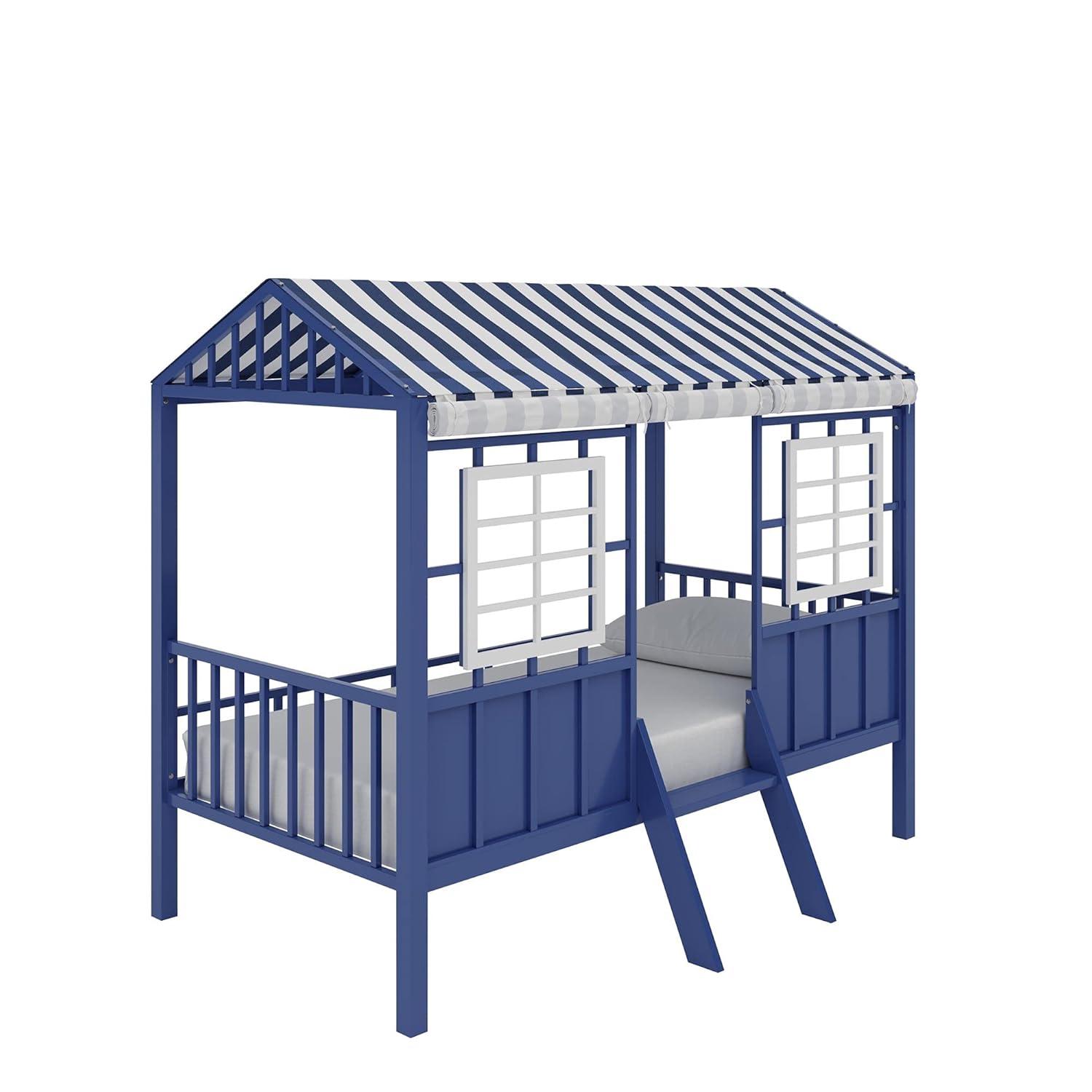 Blue and White Metal Twin Loft Bed with Canopy