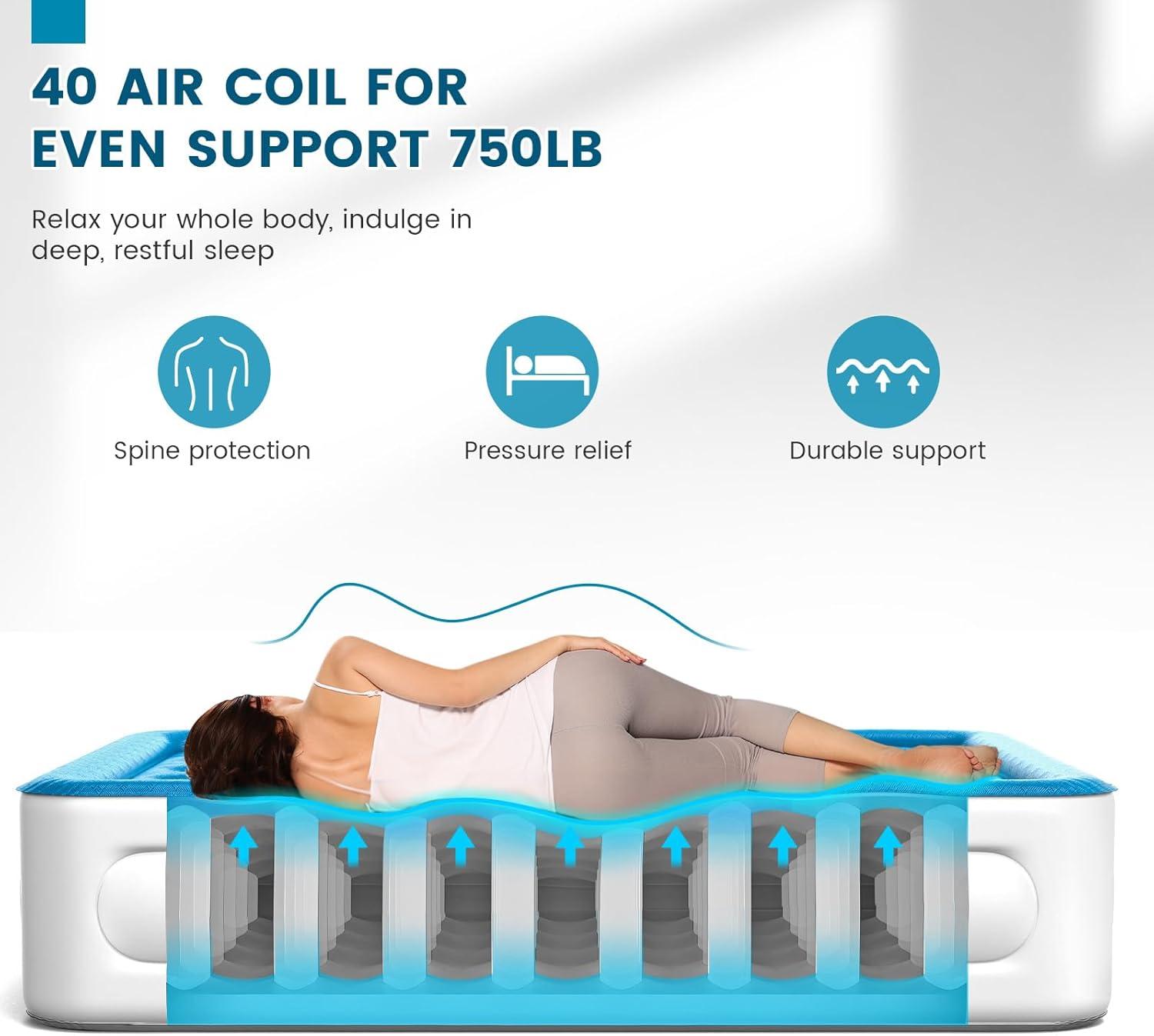 Luxury Air Mattress Queen with Built in Pump, 18'' High Double Blow Up Mattress, Self Inflating Air Bed with Flocked Top and Carry Bag, Durable Portable Airbed for Home Guest and Camping, Blue