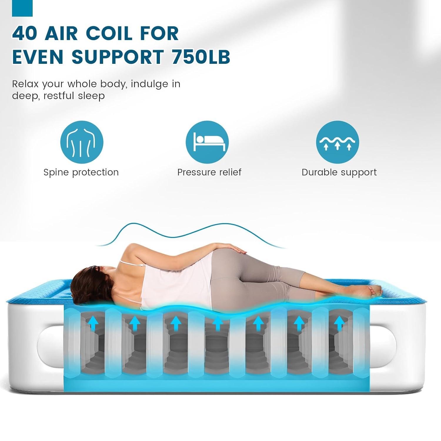 Luxury Air Mattress Queen with Built in Pump, 18'' High Double Blow Up Mattress, Self Inflating Air Bed with Flocked Top and Carry Bag, Durable Portable Airbed for Home Guest and Camping, Blue