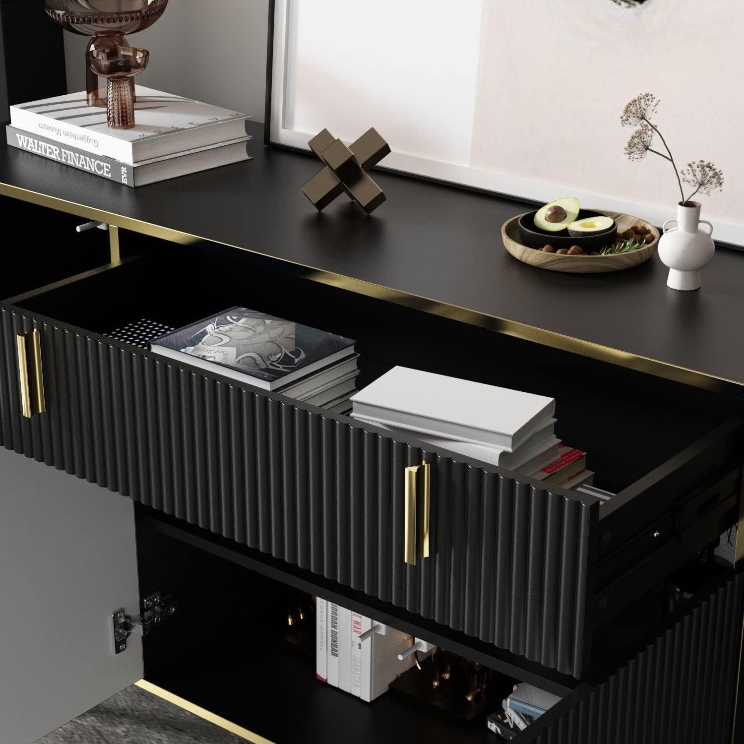 Black and Gold Modern Sideboard with Pop-Up Doors and Drawer