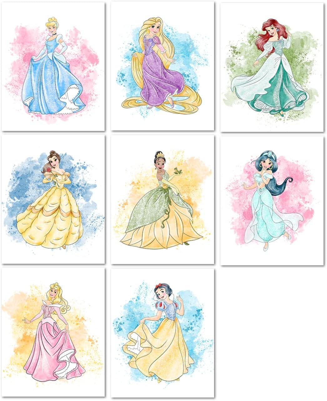 Nistio® Disney Princess Watercolor Prints, Princess Wall Art Posters, Set of 8, Girls Bedroom Poster, Princess Playroom Decor, Nursery Prints, Unframed, 8x10"