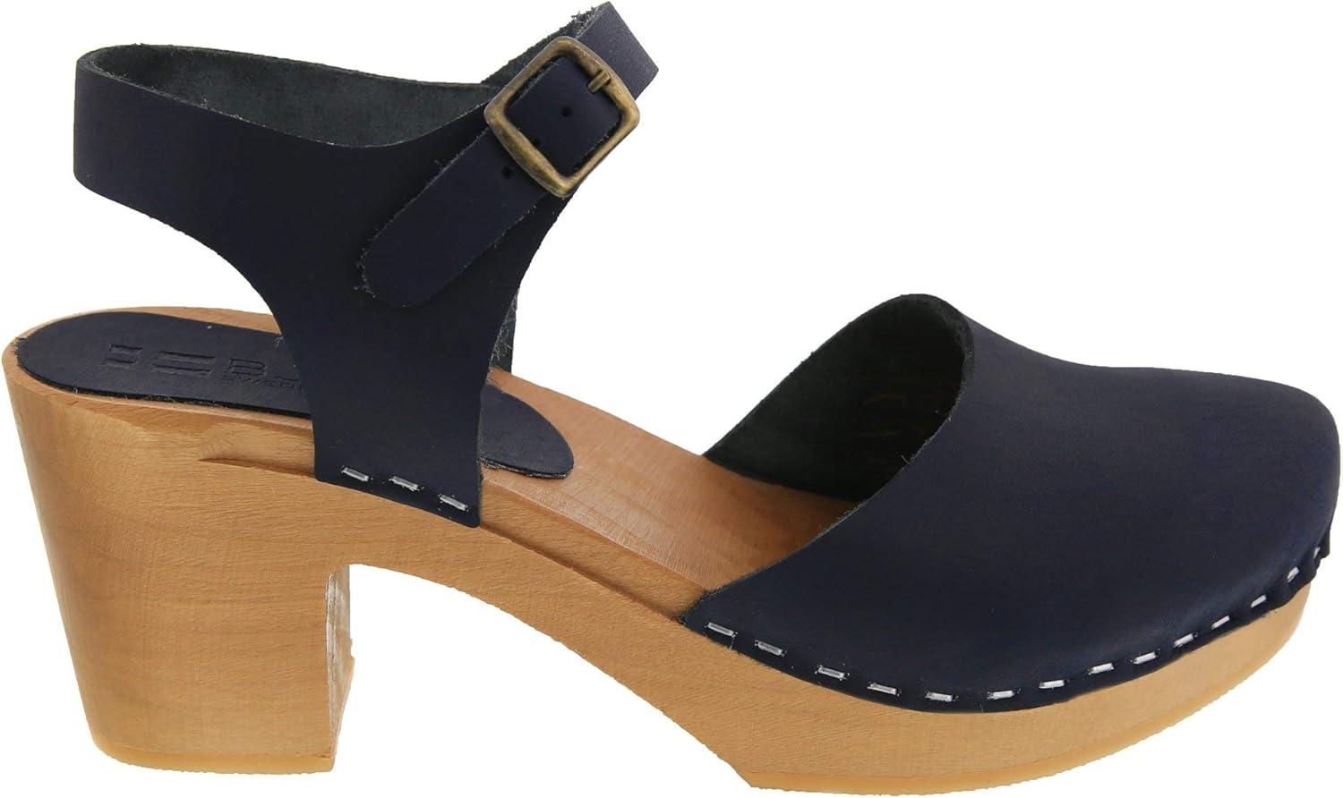 Navy Genuine Leather Ankle Strap Clog Sandals