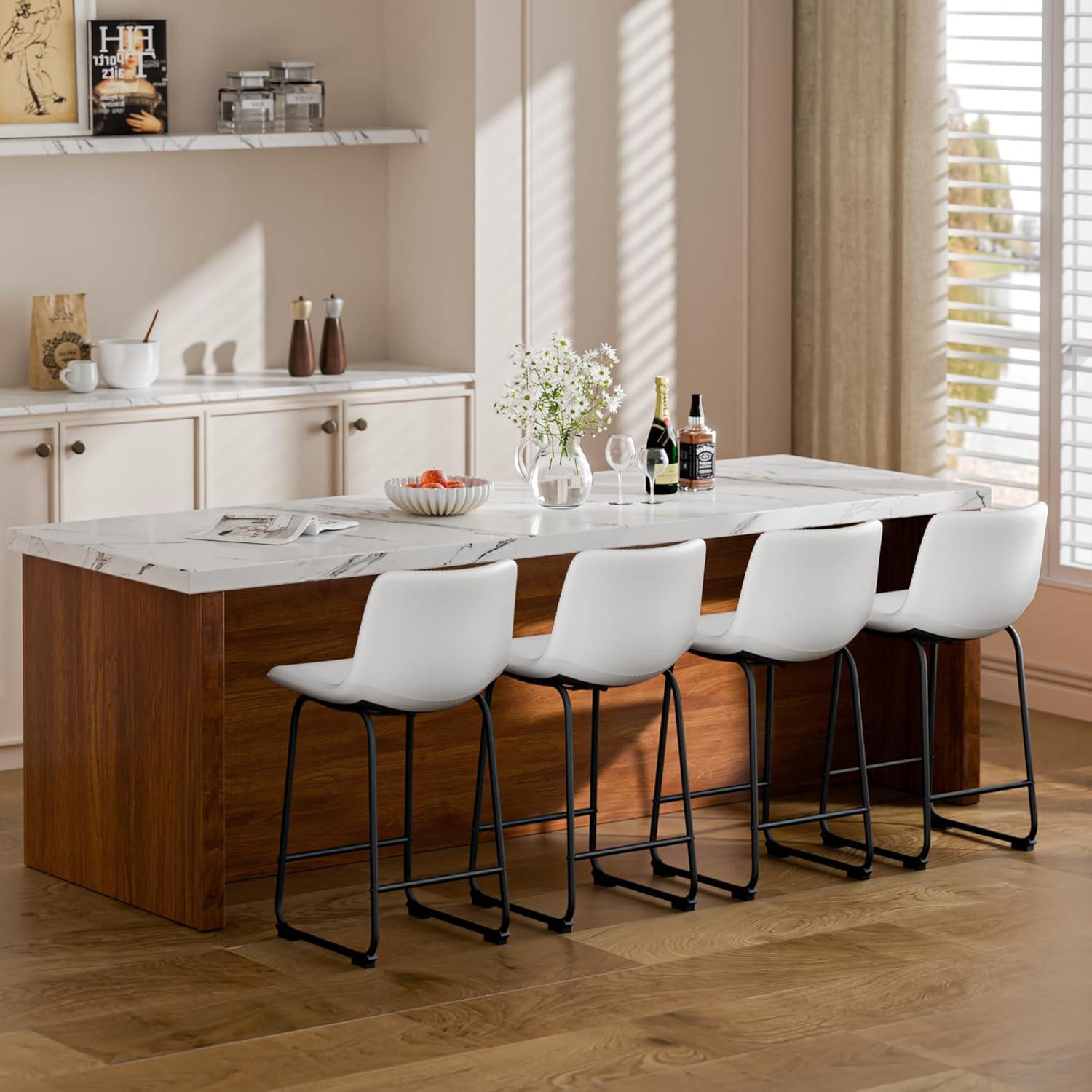 Bar Stools Set of 2, 26inches Counter Height Barstools with Back, Modern Bar Stool for Kitchens Island, Faux Leather Bar Chairs with Metal Legs and Footrest (White)