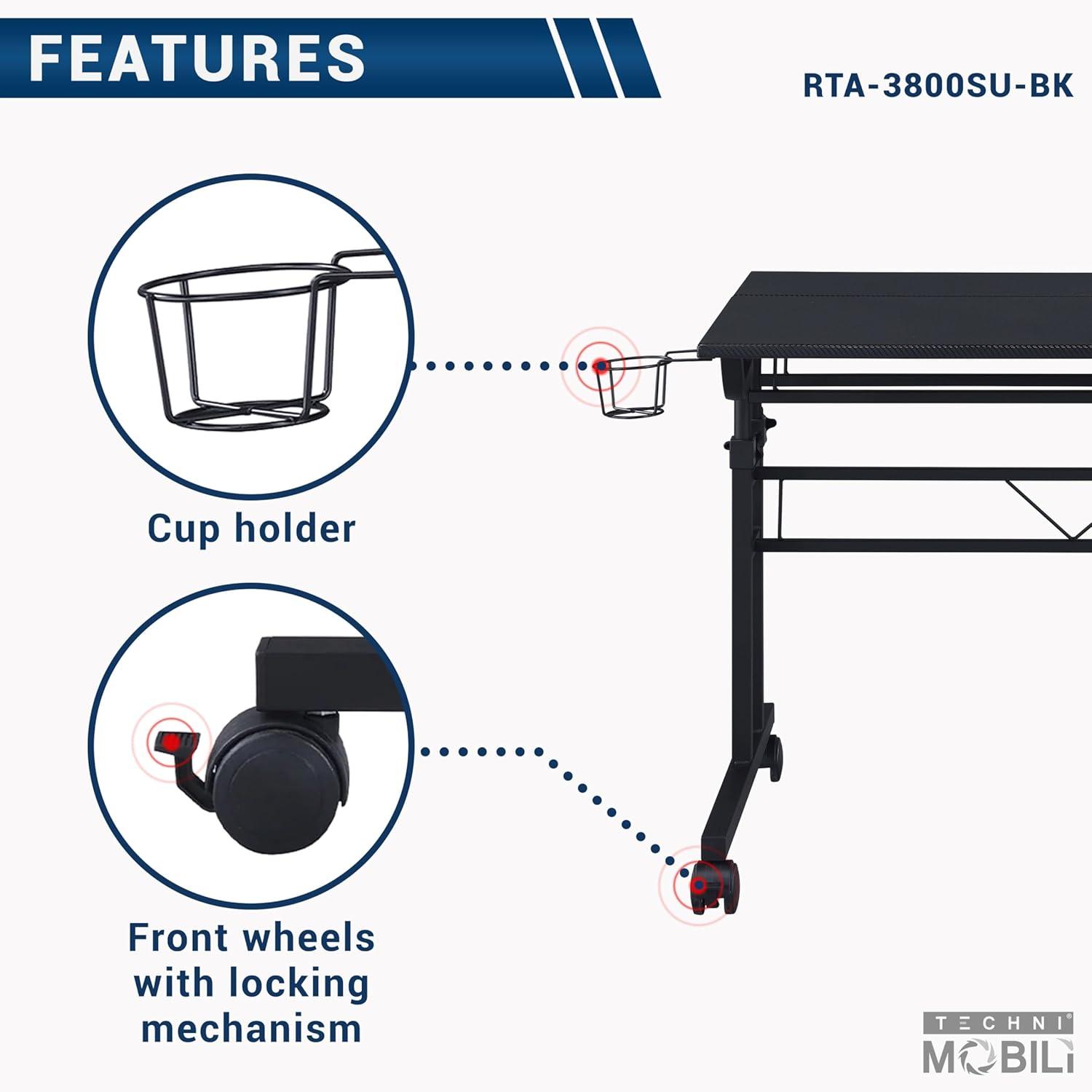 Rolling Writing Desk with Height Adjustable Desktop and Moveable Shelf - Techni Mobili