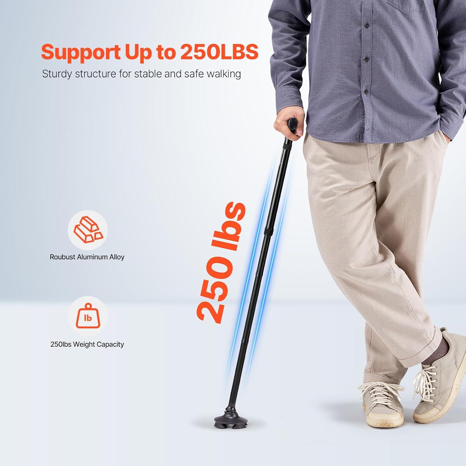 VEVOR Walking Cane for Man Woman, Folding Walking Stick with 8-Level Adjustable Height, 4-Pronged Pivoting Base, Lightweight & Portable Aluminum Mobility Aid for Seniors Adults, 250LBS Loading(Black)