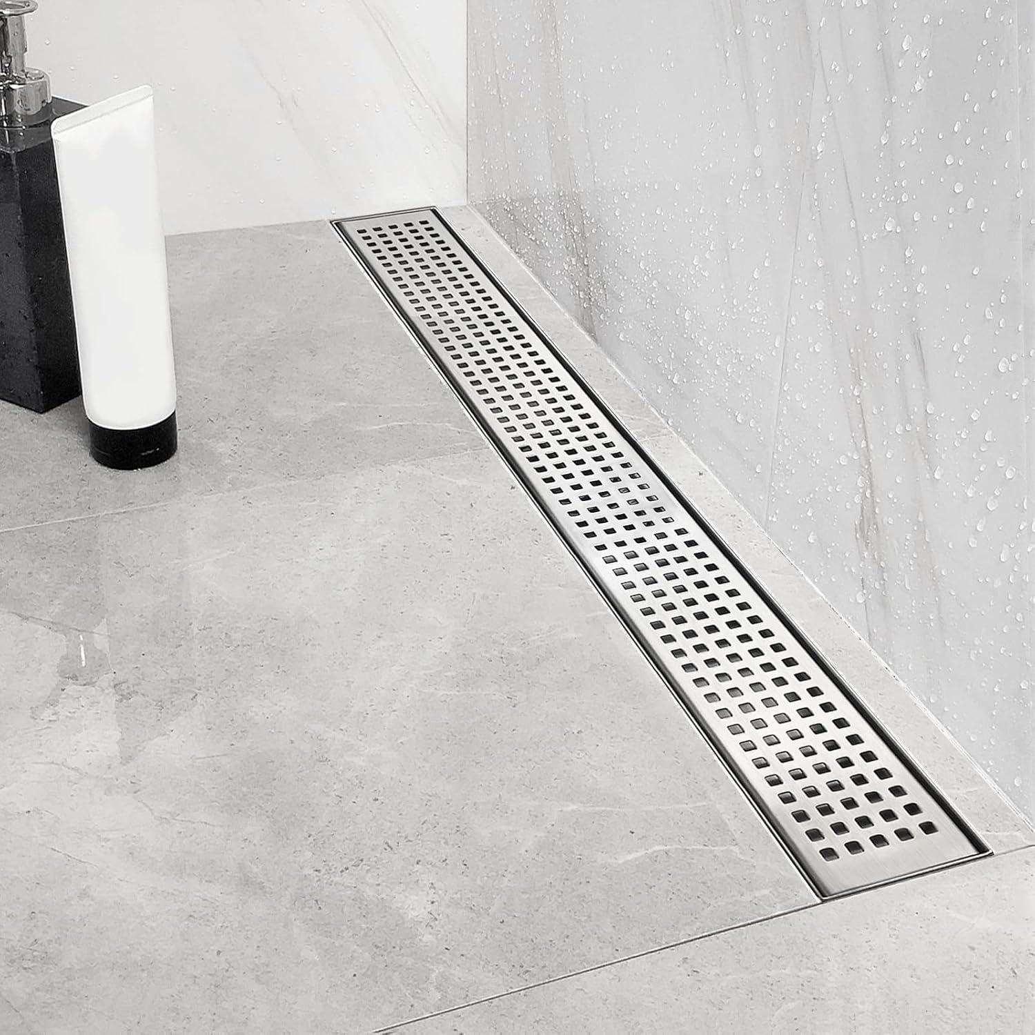 Neodrain 32-Inch Linear Shower Drain with Removable Quadrato Pattern Grate,Professional Brushed 304 Stainless Steel Rectangle Shower Floor Drain Manufacturer,with Leveling Feet,Hair Strainer