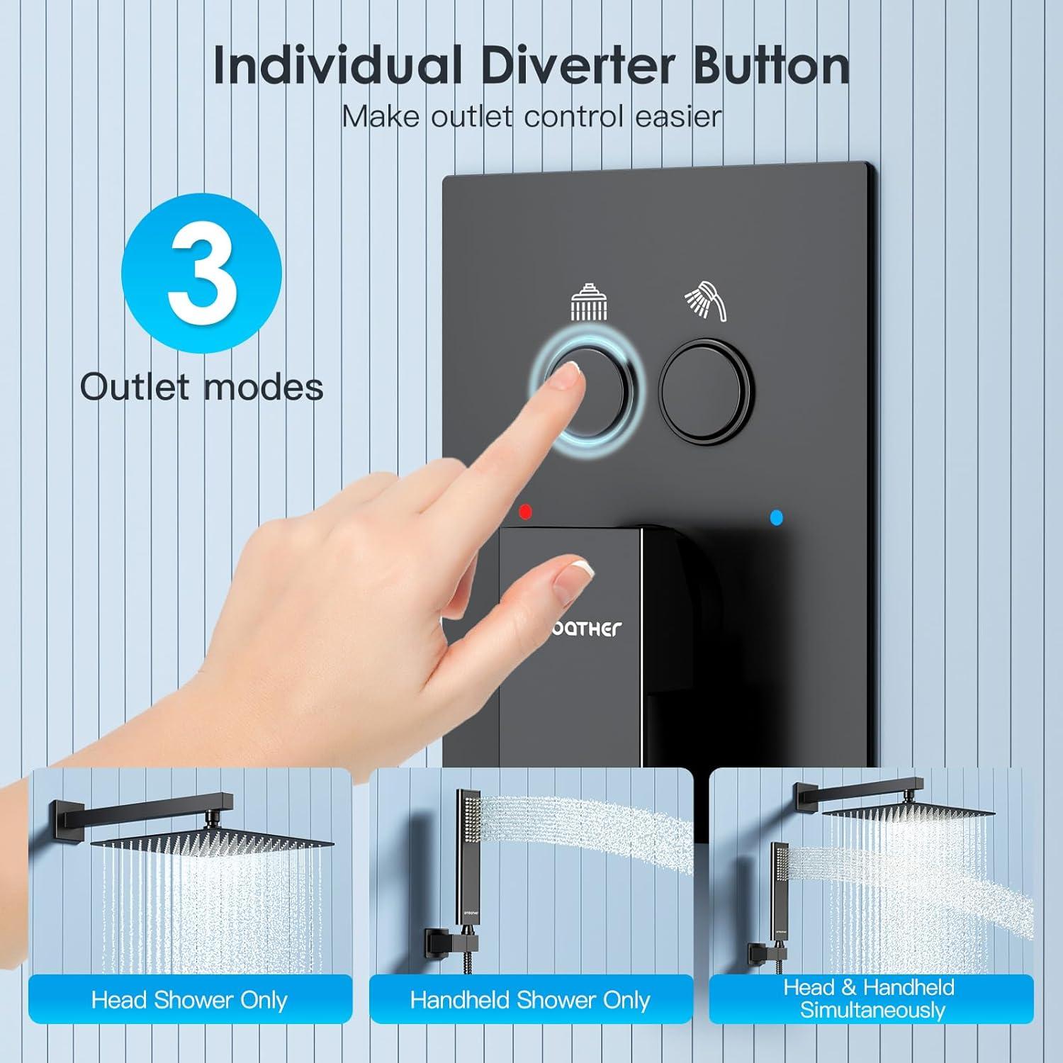 Shower System Shower Faucet Set with Push-Button Diverter and Wall Supply Elbow 10 Inch Shower Head Matte Black