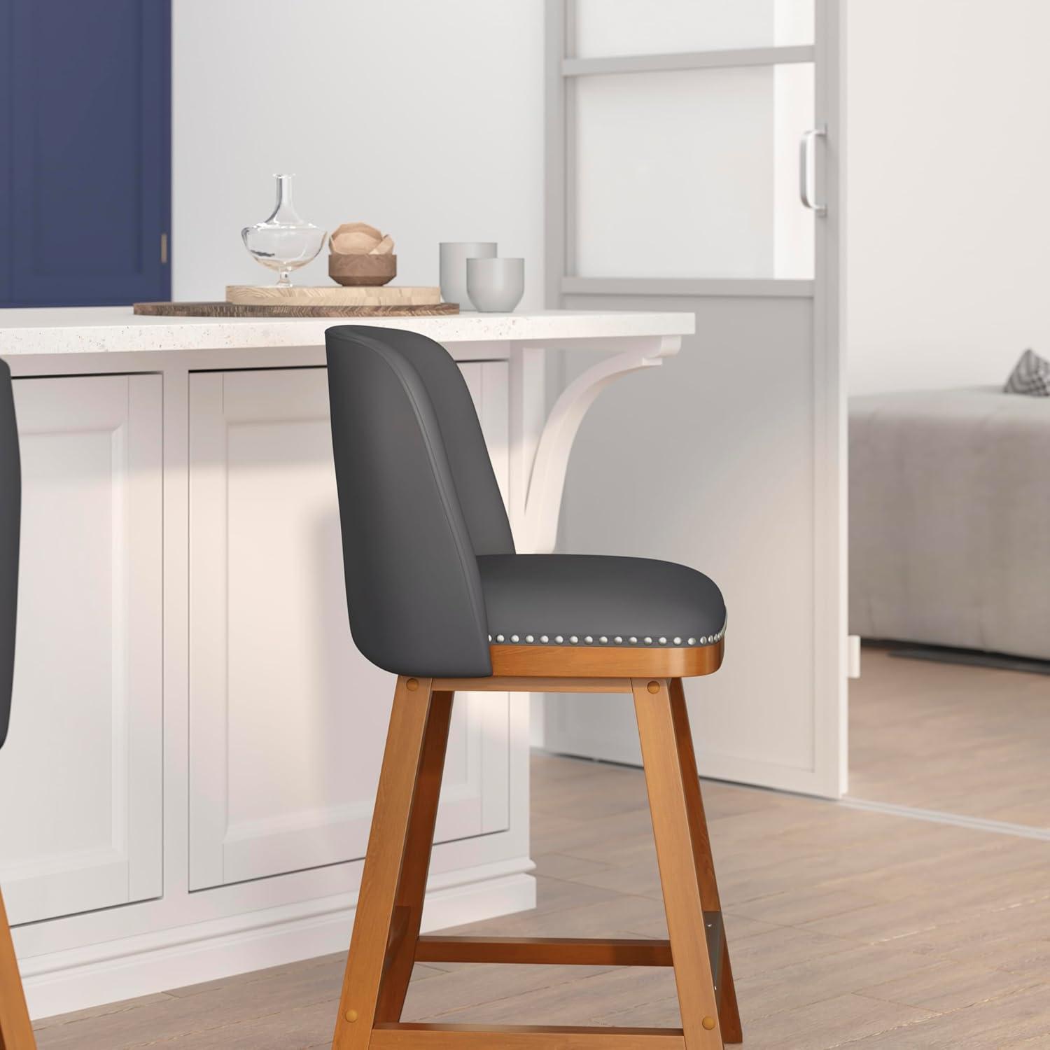 Flash Furniture 2 Pack Commercial Walnut Finish Wood Barstools with Nail Trim-Charcoal Faux Linen