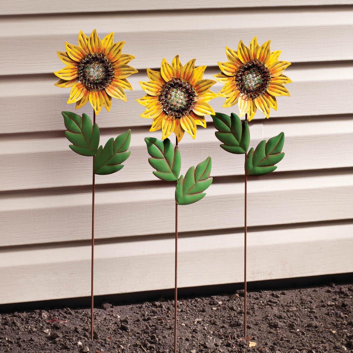 Set of 3 Yellow Metal Sunflower Garden Stakes