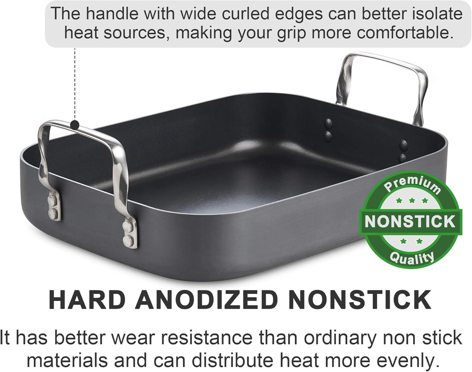 Hard Anodized Nonstick Rectangular Roasting Pan with Rack and Handles