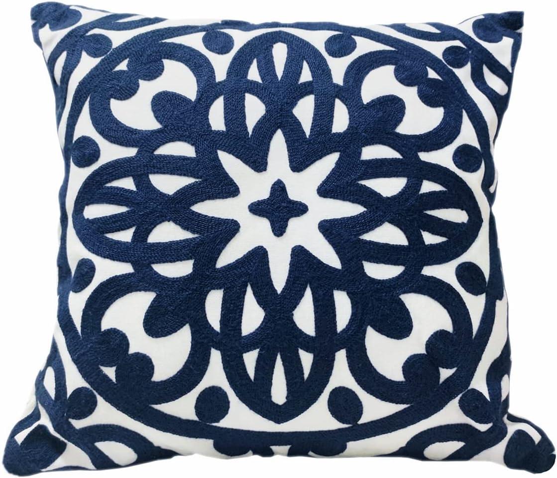 Navy Blue Embroidered Cotton Boho Euro Pillow Cover 18x18