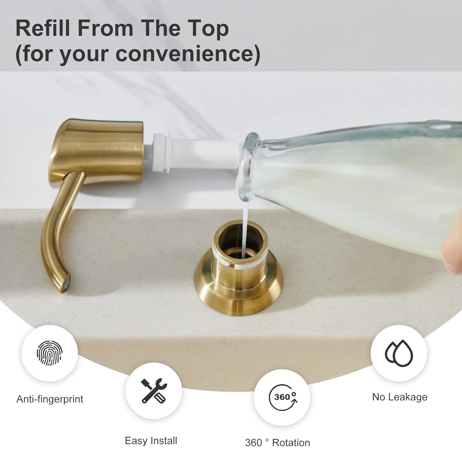 GAGALIFE Built in Sink Soap Dispenser or Lotion Dispenser for Kitchen Sink, Brushed Gold ABS Pump Head, with 17 Ounce Large PET Soap Bottle