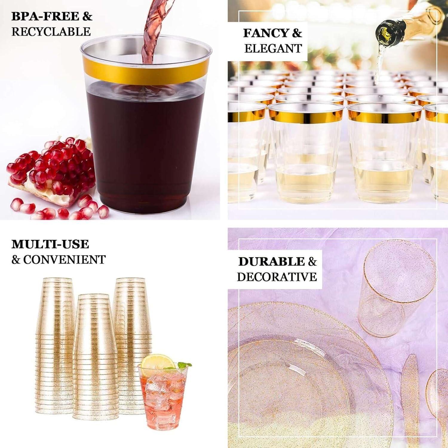 Efavormart 25 Pack Gold 10oz Crystal Collection Disposable Plastic Cups for Wedding, Party, Banquet, Home, Picnic, Outdoor Dinnerware, Bar, Nightclub, Liquors, Champagne, Desserts, Cocktails
