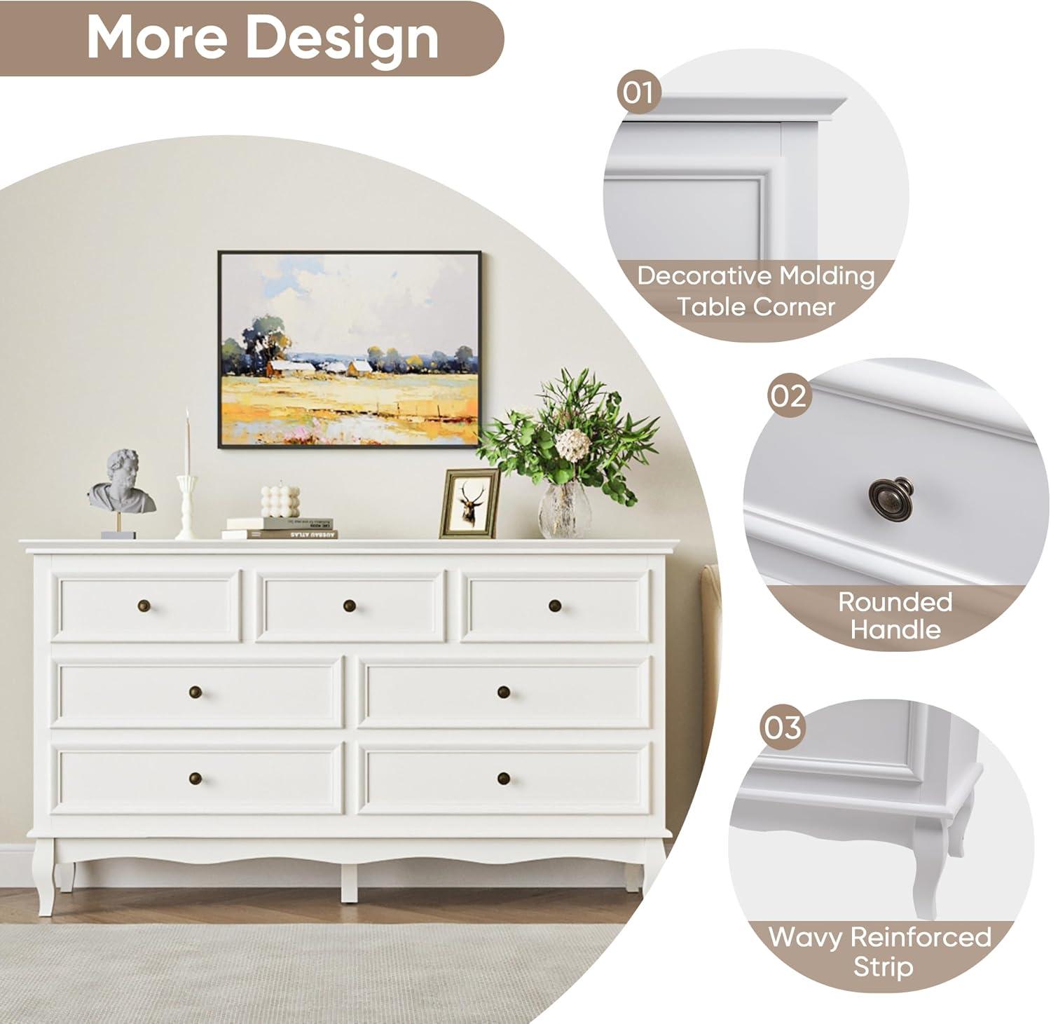 SUNVIVI Dresser for Bedroom, Modern Dresser with Solid Wood Legs and Painted Finish, White Chest of Drawers, Wooden Storage Closet Cabinet Organizer for Living Room, Nursery, Hallway