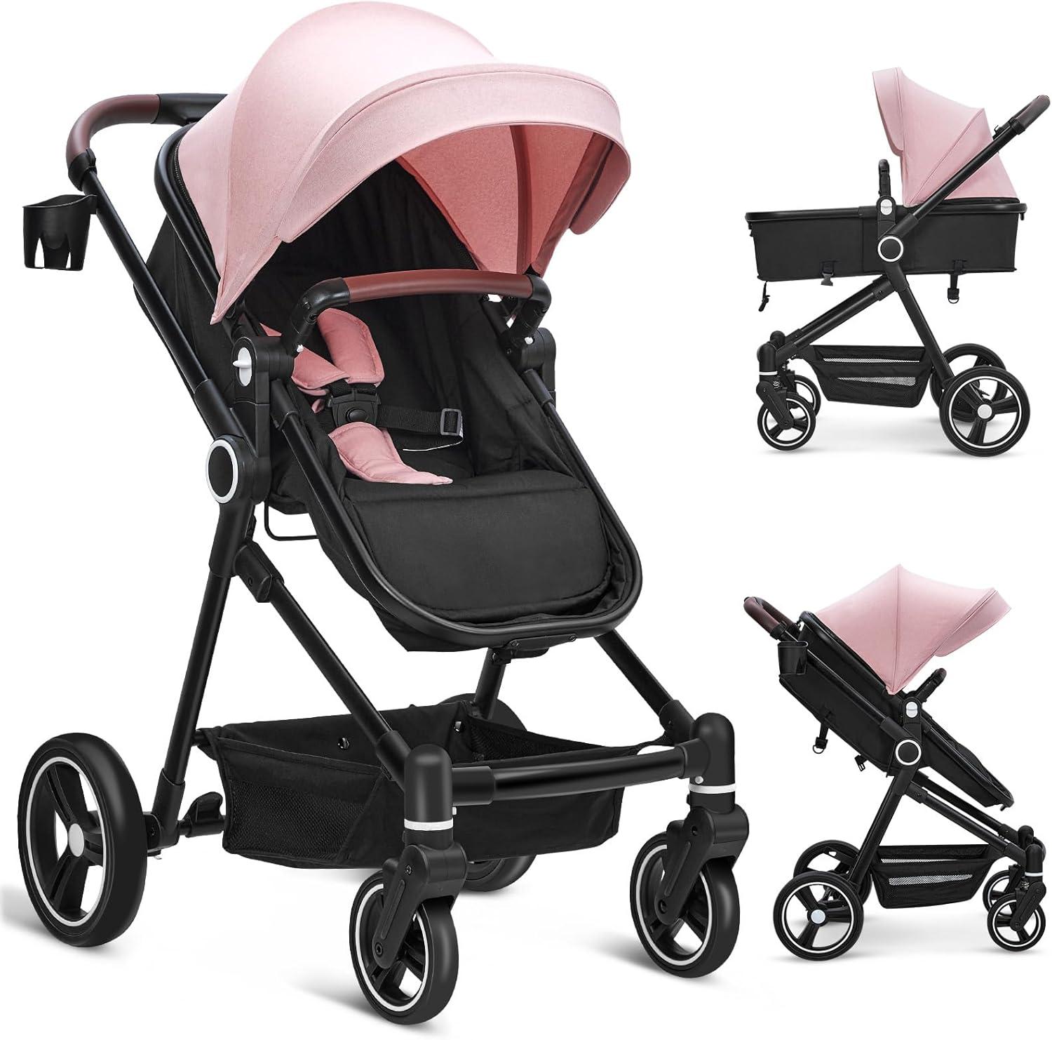 Pink Aluminum Convertible Bassinet Baby Stroller with Storage