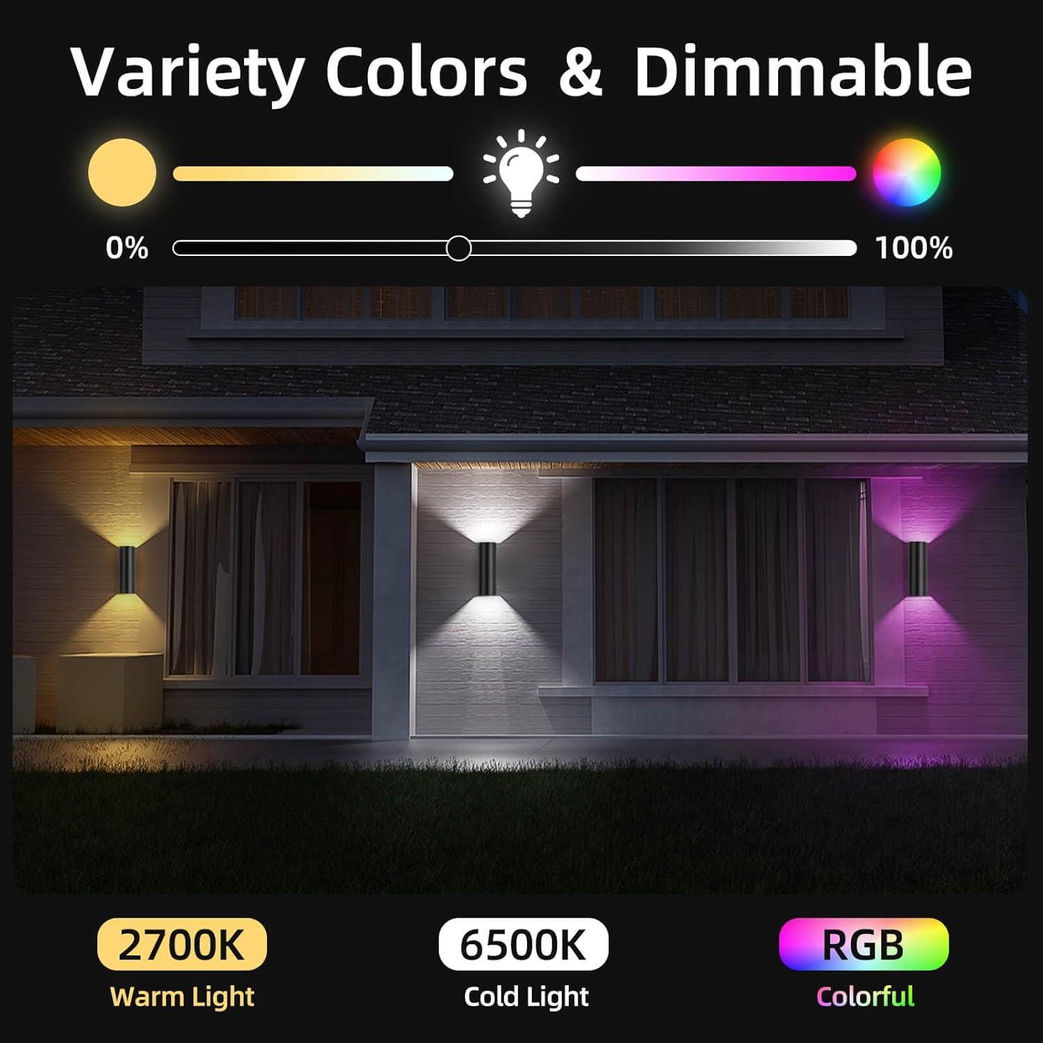 Modern RGB Outdoor Light, 2700K-6500K Ambience Outdoor Wall Sconce Color Changing, Wifi App Control Up Down Lights, Smart Exterior Wall Light For House Porch, Works With Alexa Google Assistant