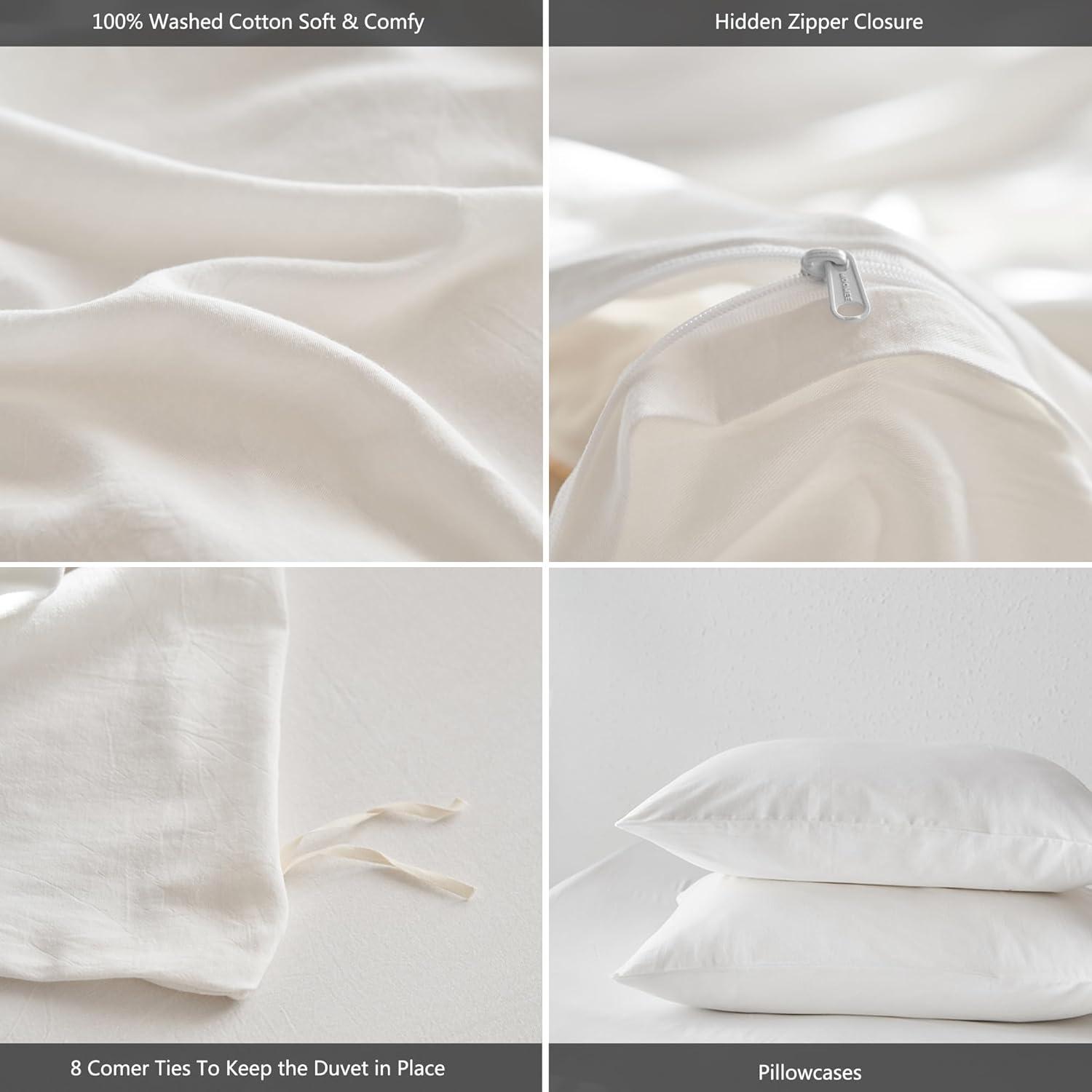MOOMEE Linen Like Textured 100% Washed Cotton Twill Duvet Cover Set Ultra Soft