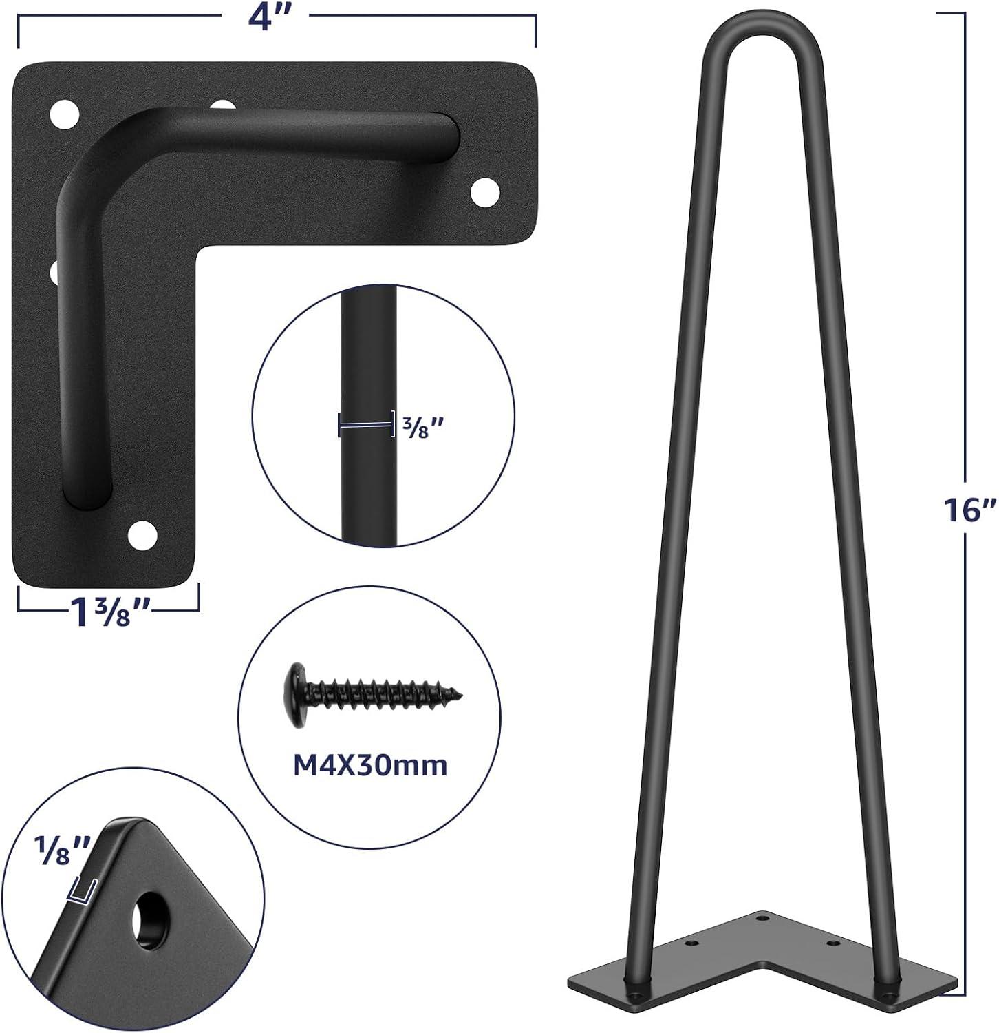 16" Black Steel Hairpin Table Legs with Rubber Floor Protectors (4-Pack)