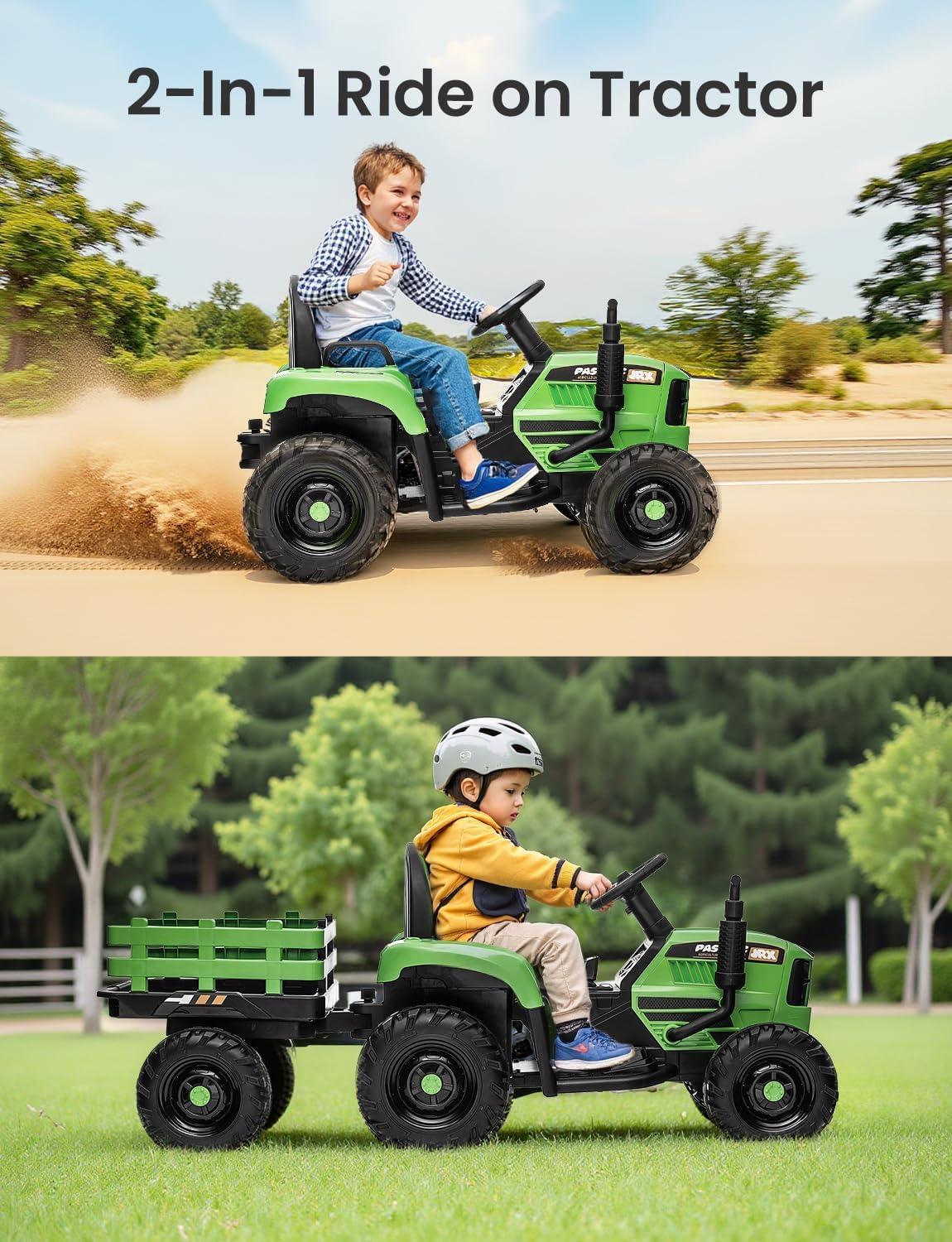 24V 400W Powered Electric Tractor for Kids, 3-Speed Ride On Tractor with Remote Control, USB/MP3/Bluetooth, LED Lights, Safety Belt, 1.86-4.97 MPH，Green