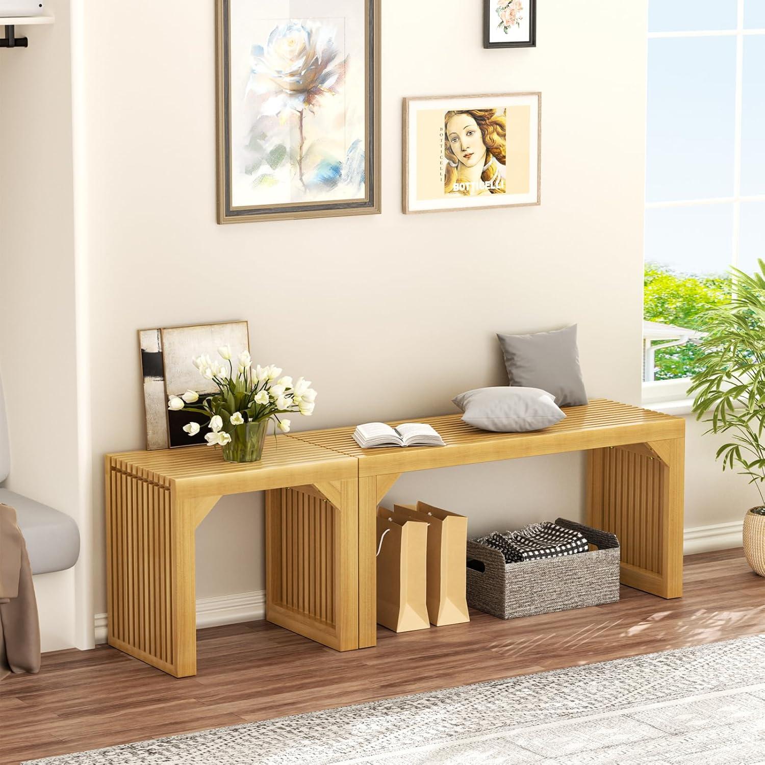 35" Solid Wood Bench, Nature Entryway Bench with Storage for Entryway, Living Room, Kitchen