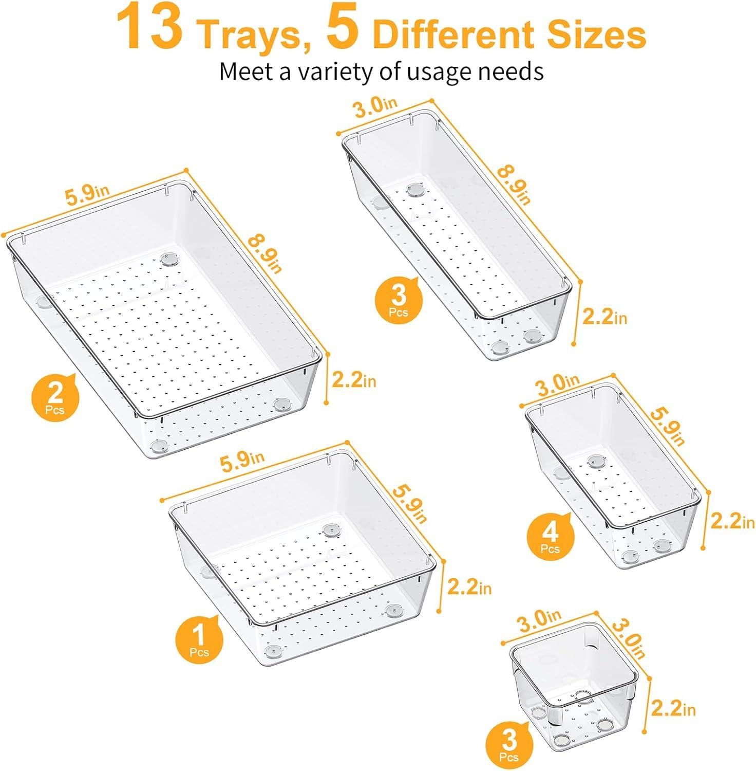 SMARTAKE 13-Piece Drawer Organizers with Non-Slip Silicone Pads, 5-Size Desk Drawer Organizer Trays Storage Tray for Makeup, Jewelries, Utensils in Bedroom Dresser, Office and Kitchen, Clear