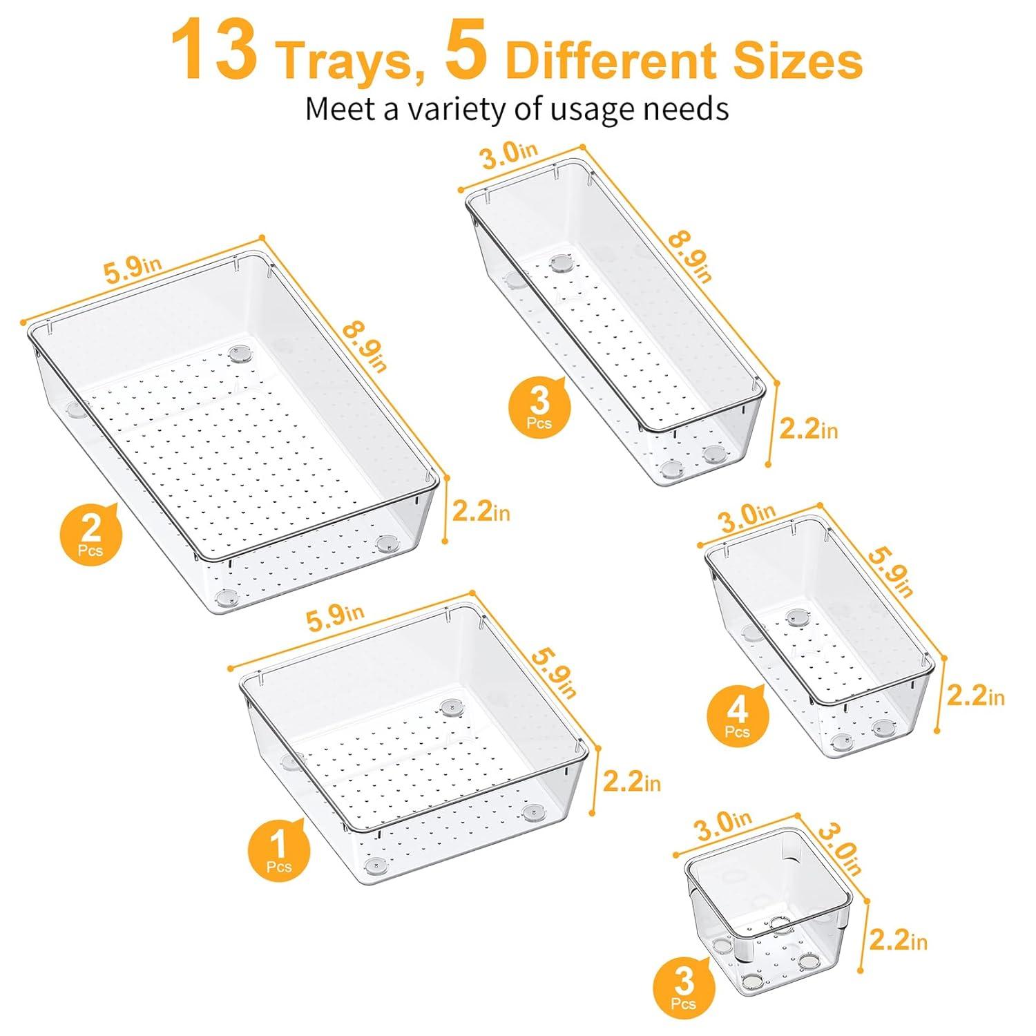 SMARTAKE 13-Piece Drawer Organizers with Non-Slip Silicone Pads, 5-Size Desk Drawer Organizer Trays Storage Tray for Makeup, Jewelries, Utensils in Bedroom Dresser, Office and Kitchen, Clear