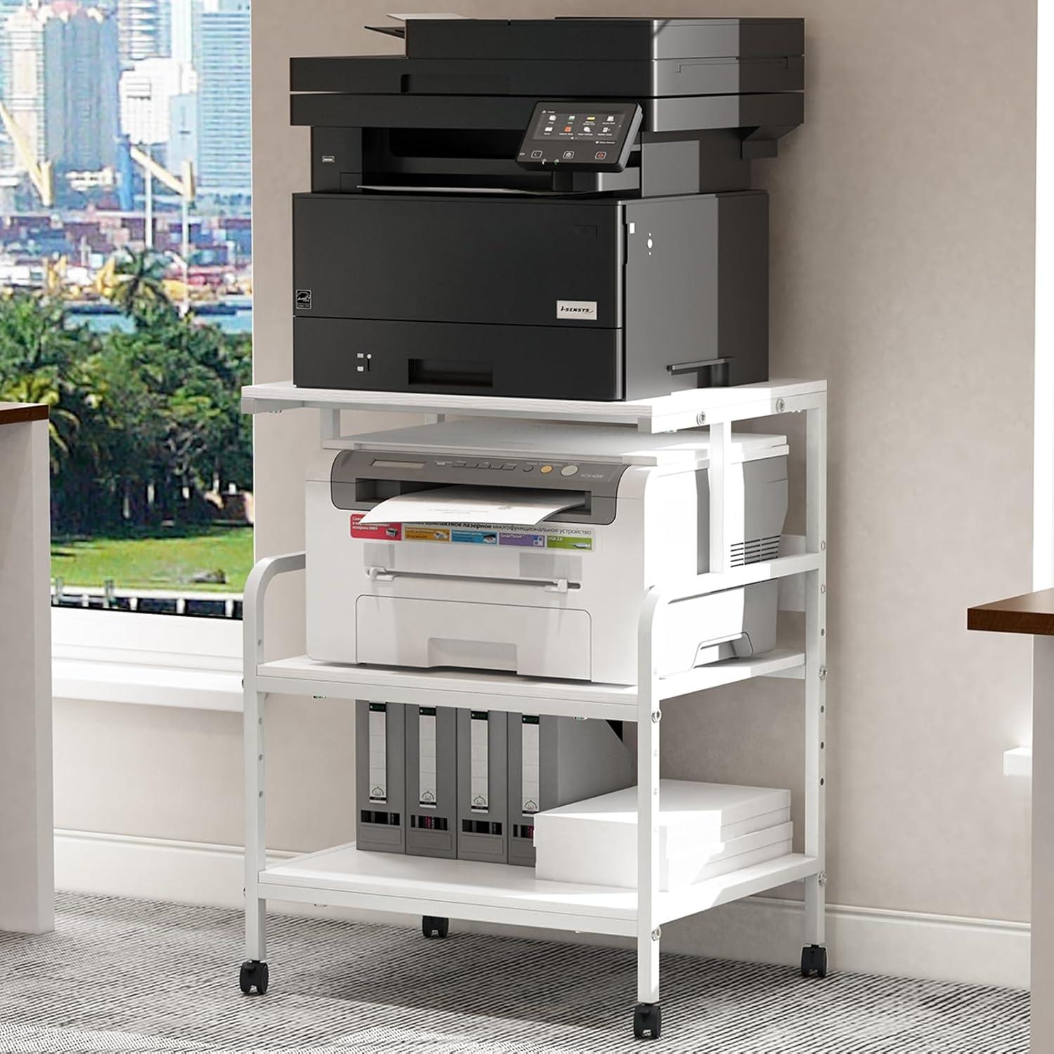 Large Printer Stand with Storage Shelf, 23.6" W x 18.9" D Printer Cart with Wheels, 3 Tier Mobile Printer Table for Home Office,Stands for Printer Heat Press Scanner Fax (White)