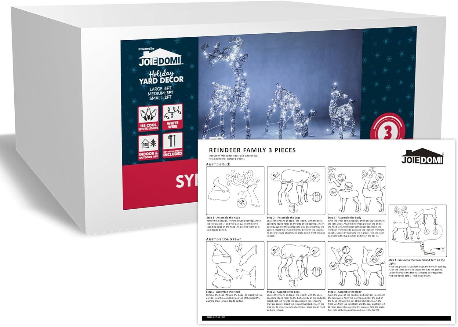 Joiedomi 3 Packs Christmas Decoration Deer Family, 185 LED Lighted Rattan Reindeers Yard Lights, Christmas Outdoor Decorations for Yard Garden Lawn, Xmas Decor, Cool White Deer