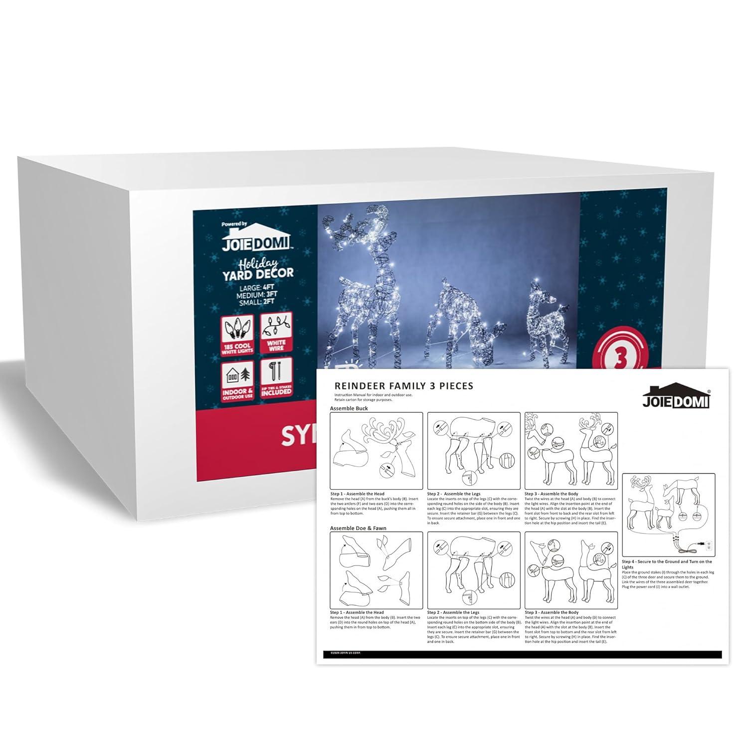 Joiedomi 3 Packs Christmas Decoration Deer Family, 185 LED Lighted Rattan Reindeers Yard Lights, Christmas Outdoor Decorations for Yard Garden Lawn, Xmas Decor, Cool White Deer