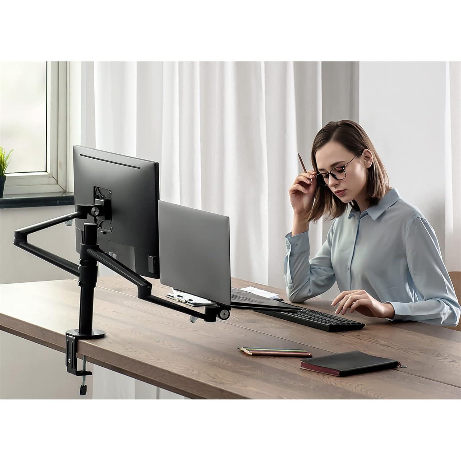 Viozon Monitor and Laptop Mount, 2-in-1 Adjustable Dual Arm Desk Mounts Single Desk Arm Stand/Holder for 17 to 32 Inch LCD Computer Screens, Extra Tray Fits 12 to 17 inch Laptops (Black)