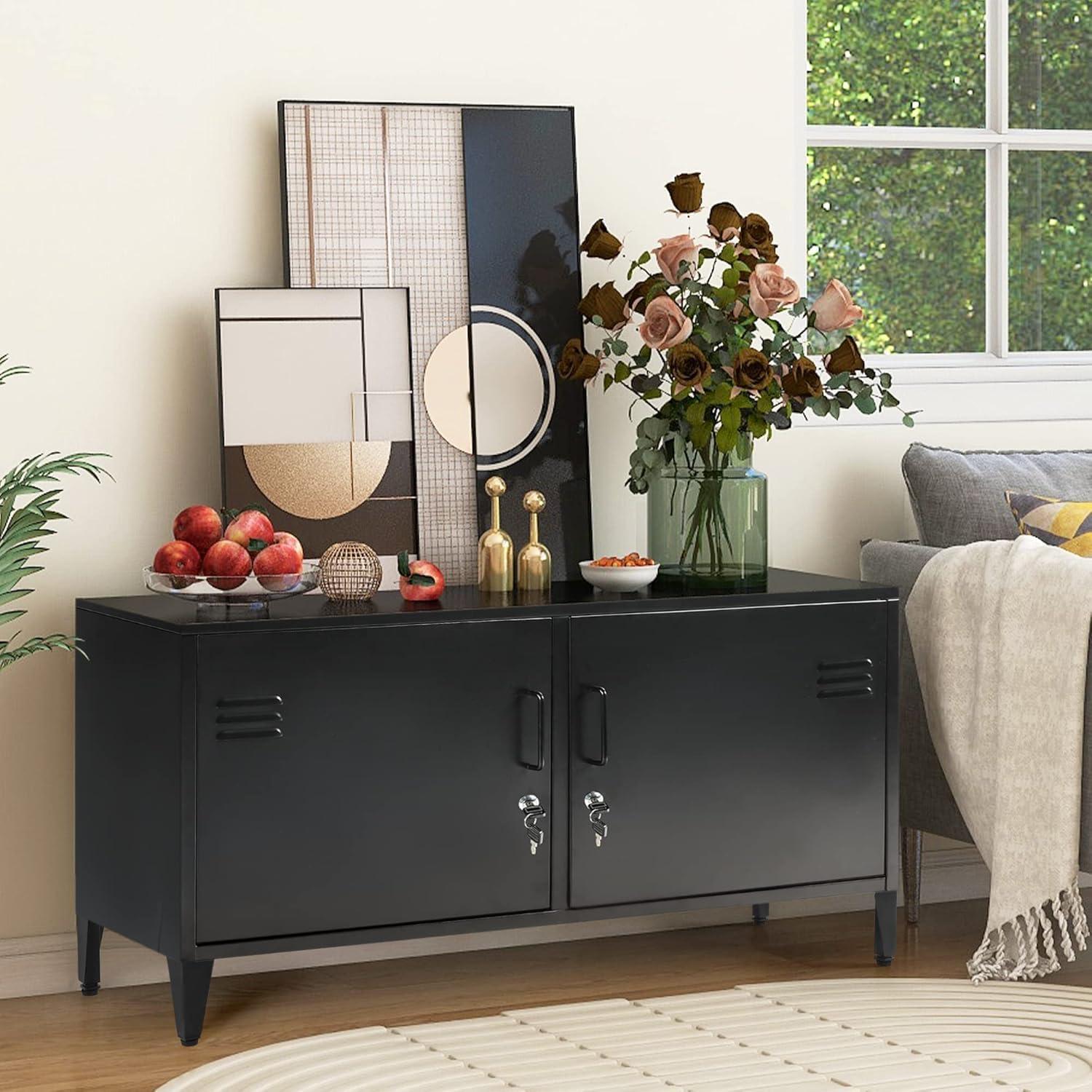 HOPUBUY Metal Storage Cabinet with Lock, Steel Locker Cabinet with Removable Shelves and 2 Locking Doors, Black Storage Cabinets for Home, Garage, Office, Bedroom