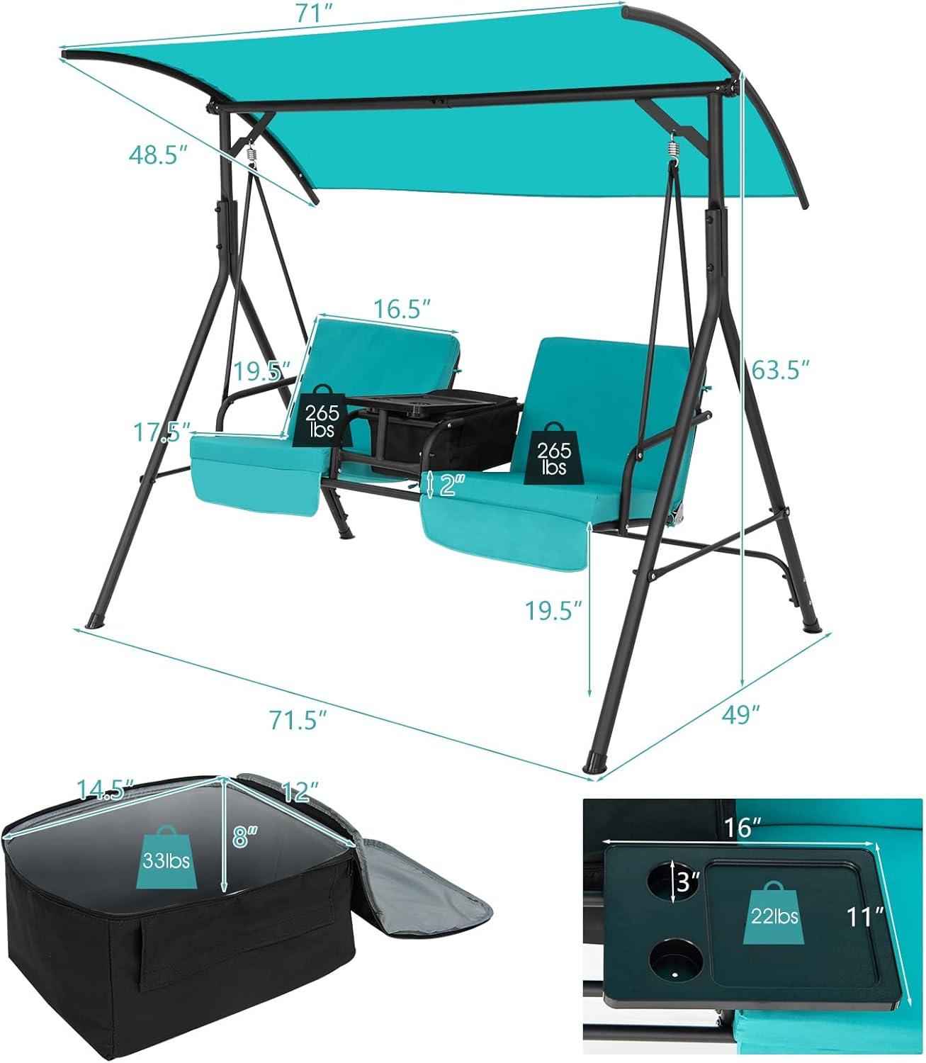 Resenkos Porch Swing, Porch Swing Chair with Adjustable Canopy-Turquoise, Hanging Outdoor Porch Swings for Garden, Backyard